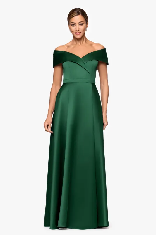 "Aria" Off the Shoulder Long Satin Front Slit Dress sold by Xscape