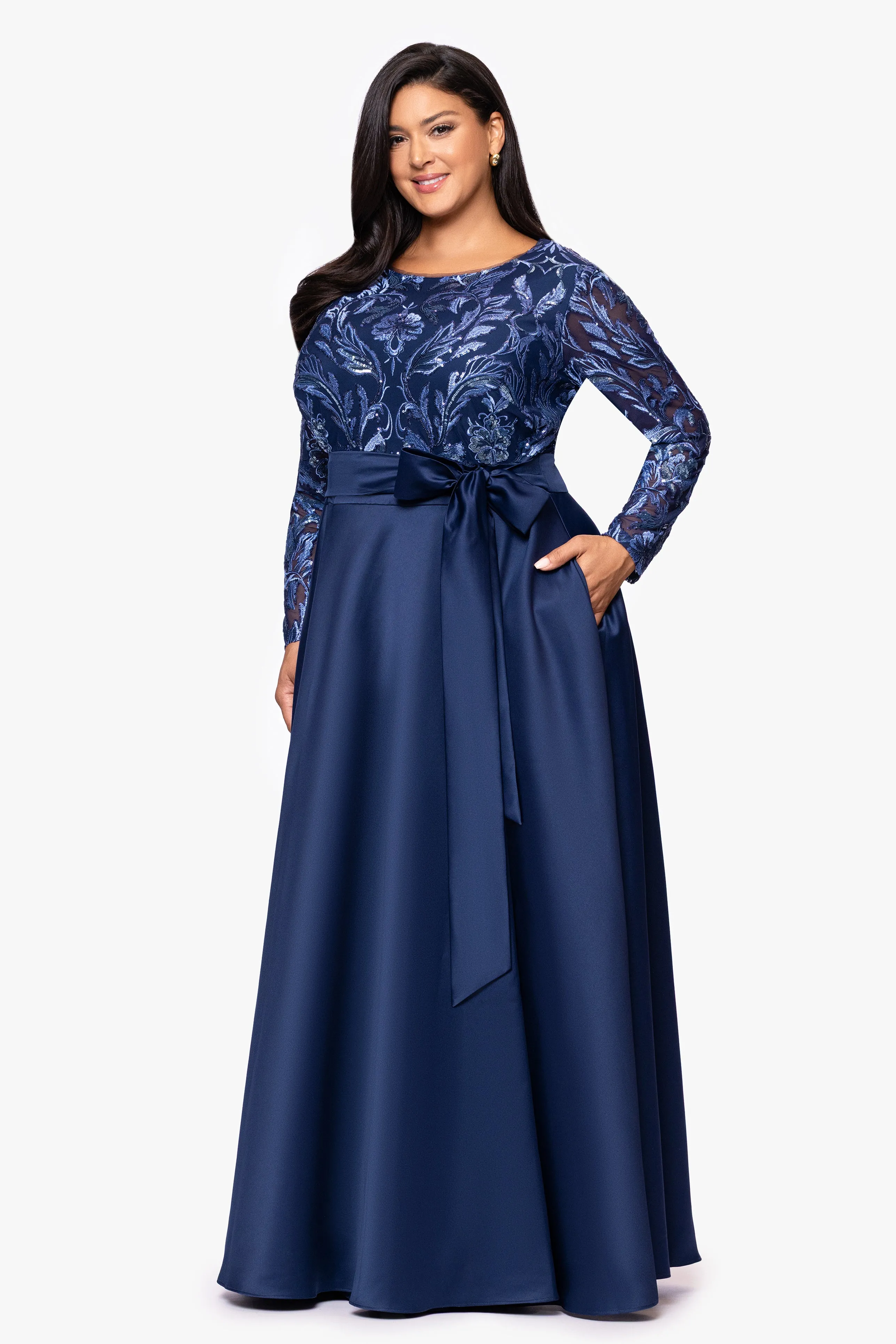 Plus "Joyce" Sequin Bodice and Satin Skirt Long Sleeve Floor Length Dress sold by Xscape product image thumbnail 4