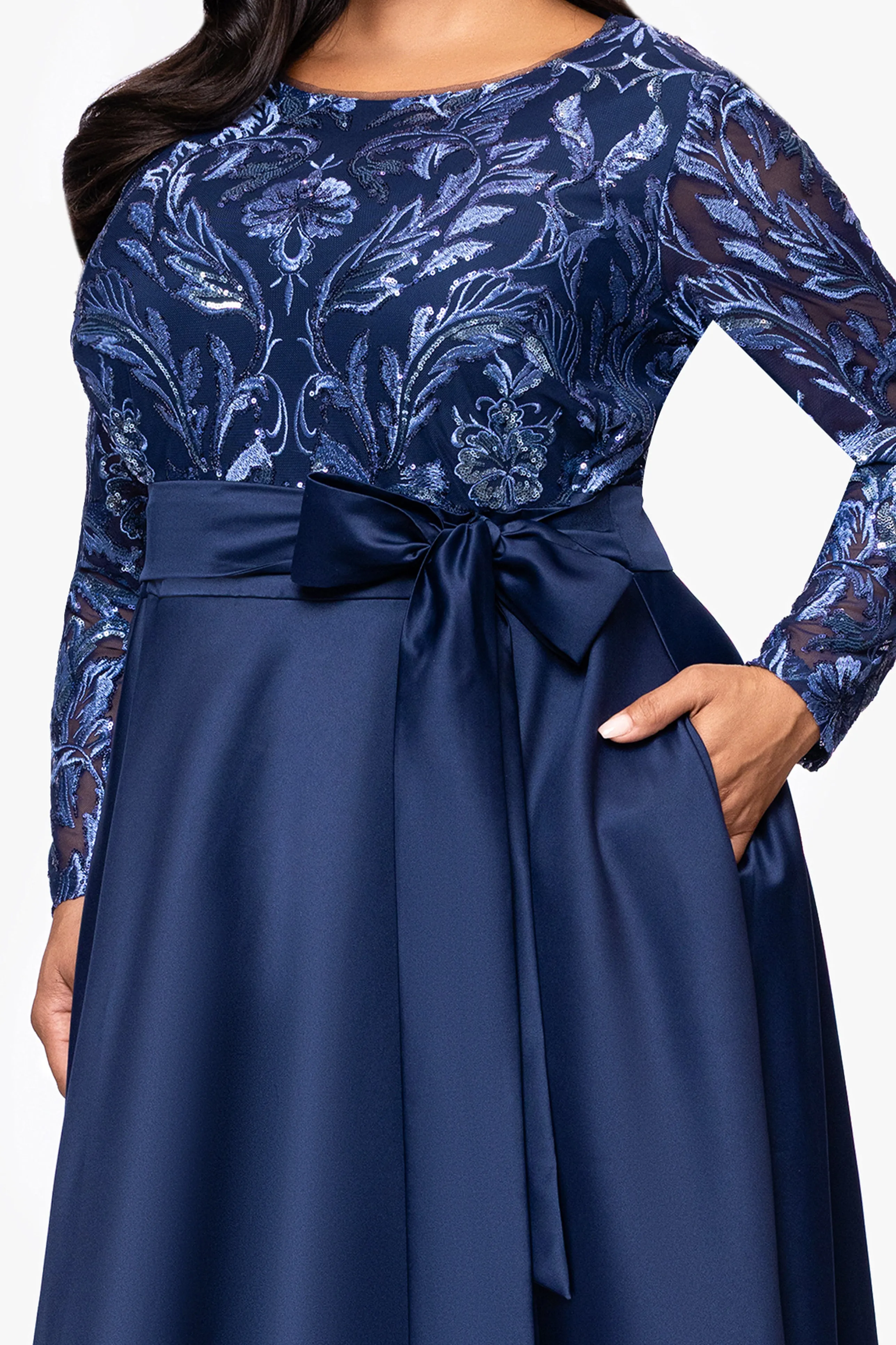 Plus "Joyce" Sequin Bodice and Satin Skirt Long Sleeve Floor Length Dress sold by Xscape product image thumbnail 2