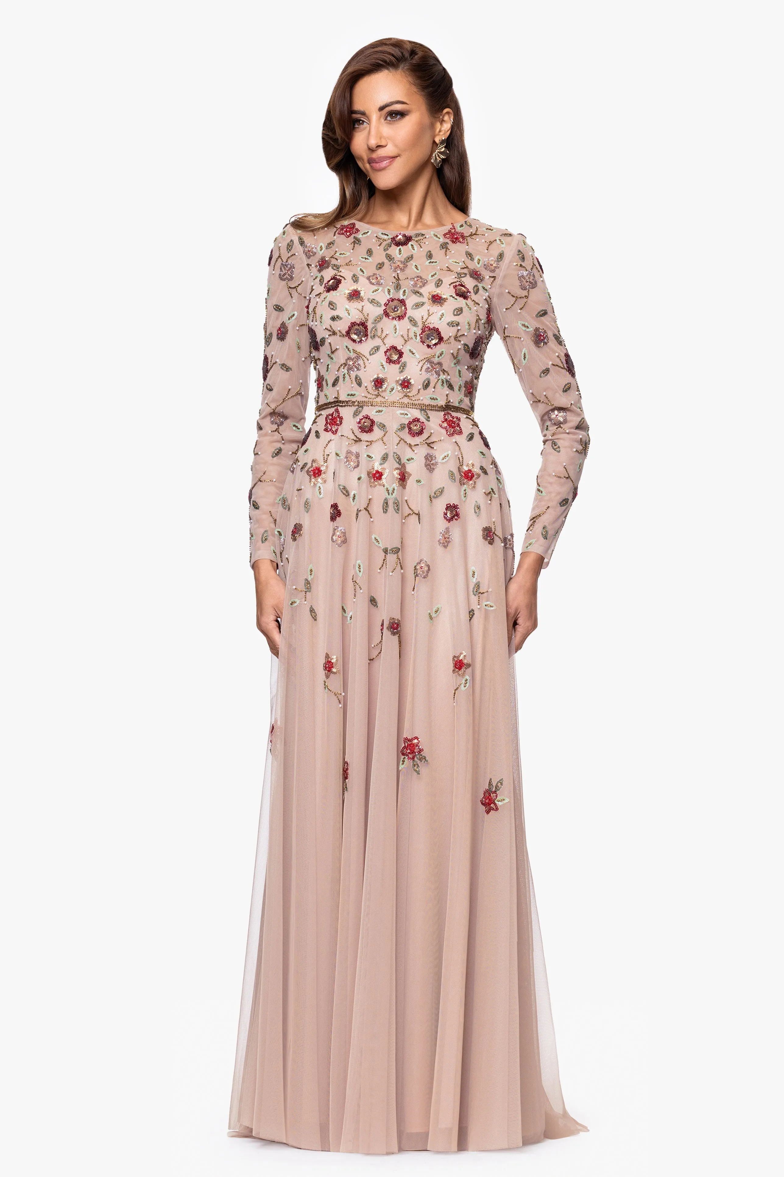 "Denise" Floral Beaded Mesh Long Sleeve Floor Length Dress sold by Xscape