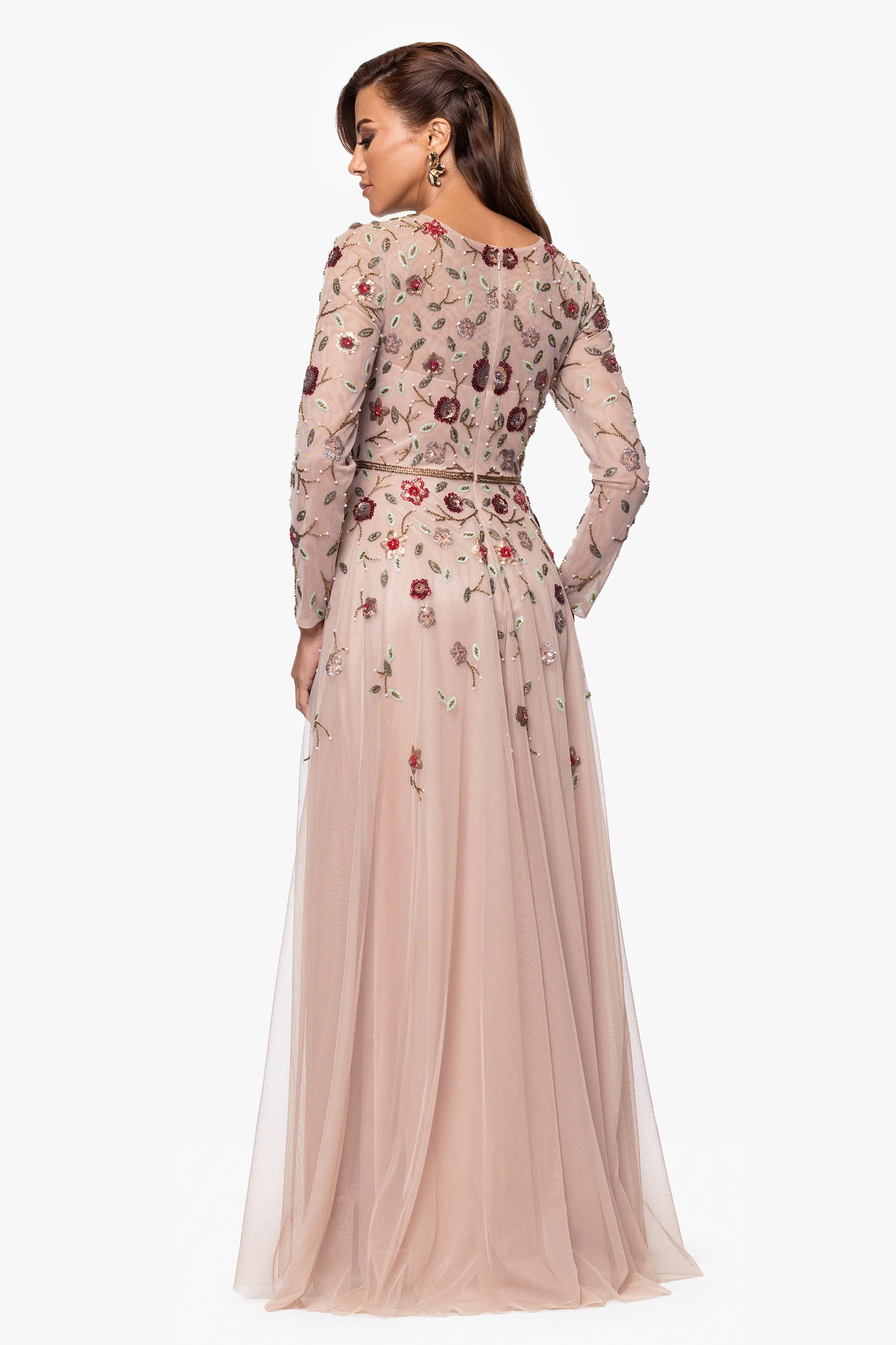 "Denise" Floral Beaded Mesh Long Sleeve Floor Length Dress sold by Xscape product image thumbnail 3