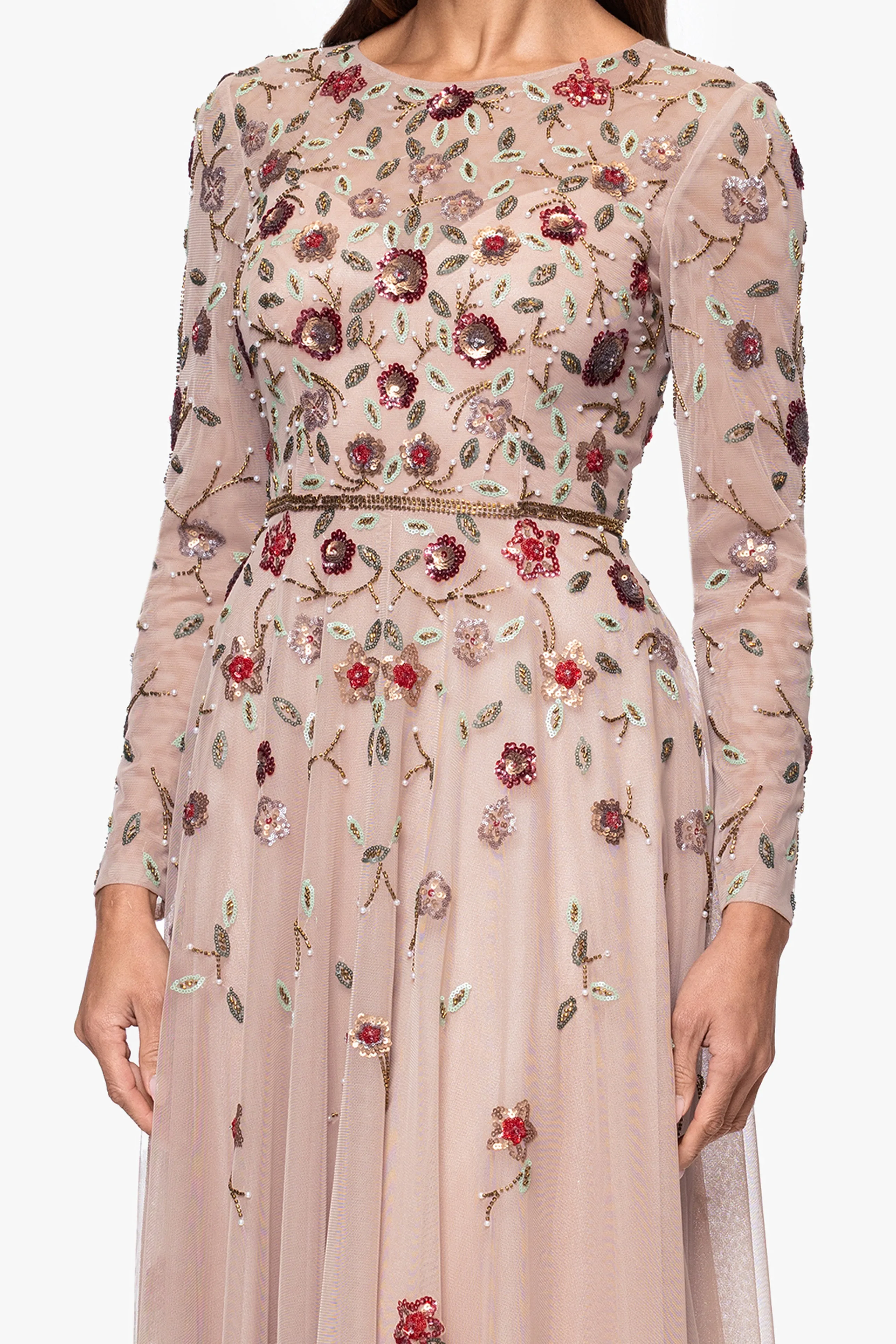 "Denise" Floral Beaded Mesh Long Sleeve Floor Length Dress sold by Xscape product image thumbnail 2