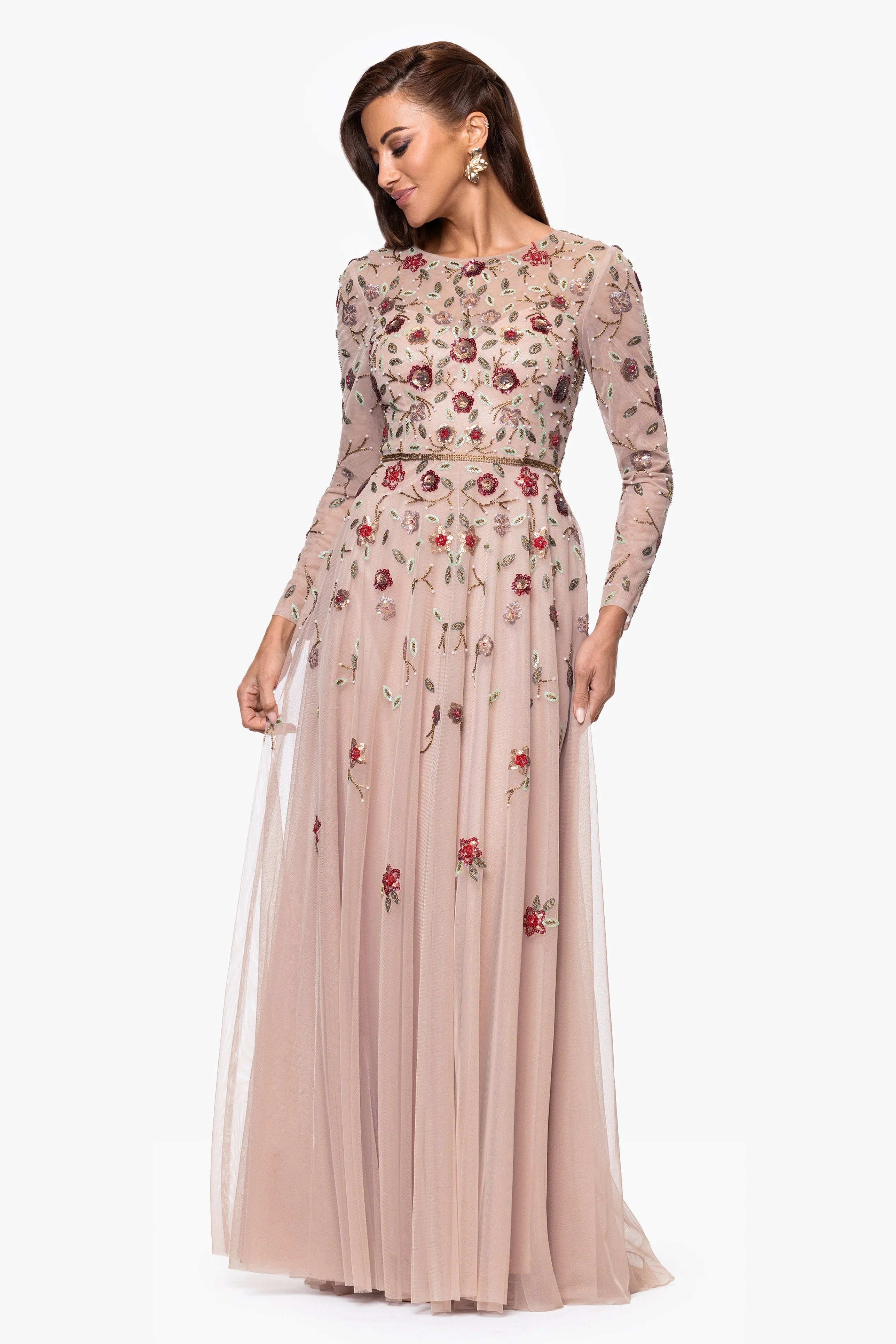 "Denise" Floral Beaded Mesh Long Sleeve Floor Length Dress sold by Xscape product image thumbnail 5