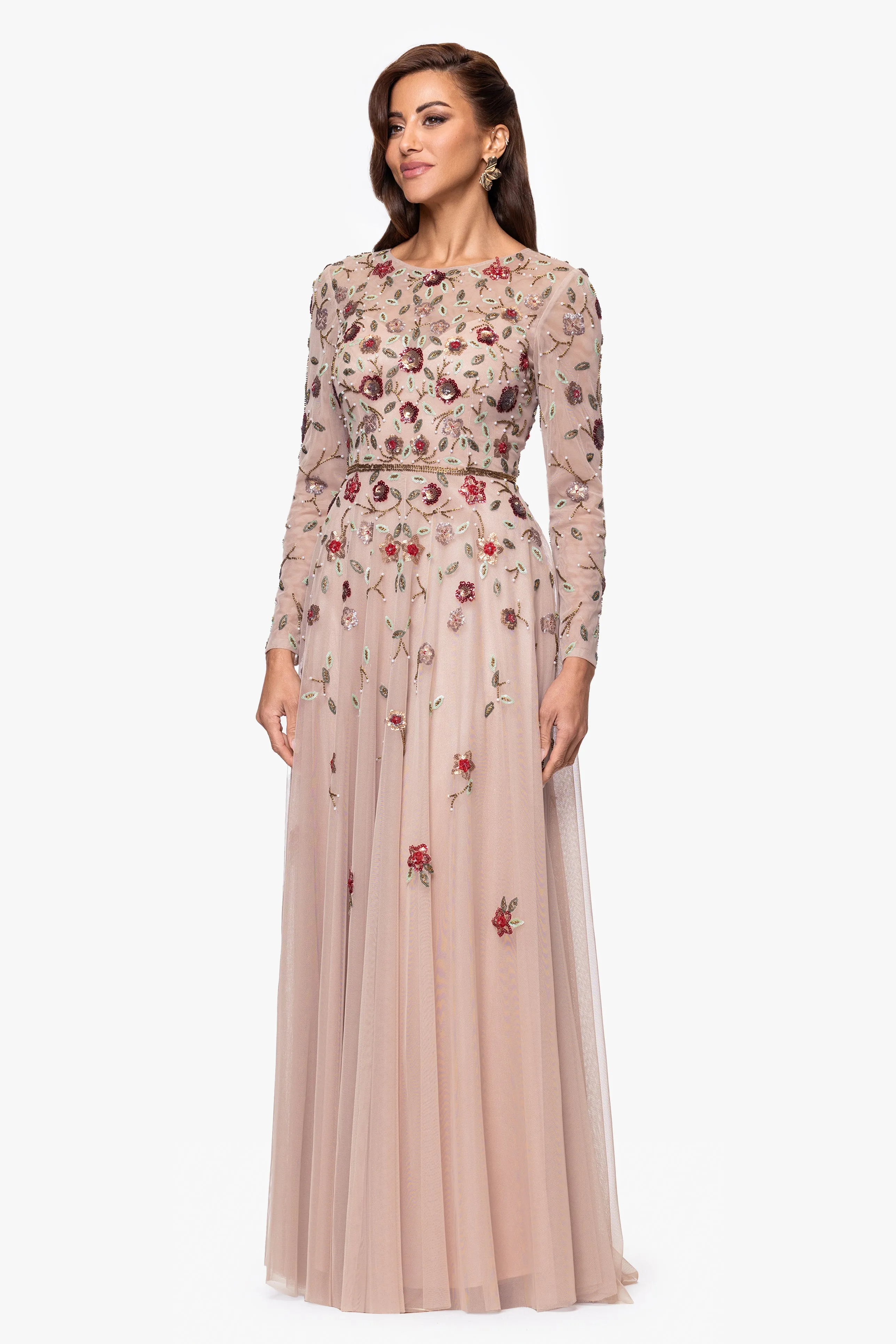 "Denise" Floral Beaded Mesh Long Sleeve Floor Length Dress sold by Xscape product image thumbnail 4