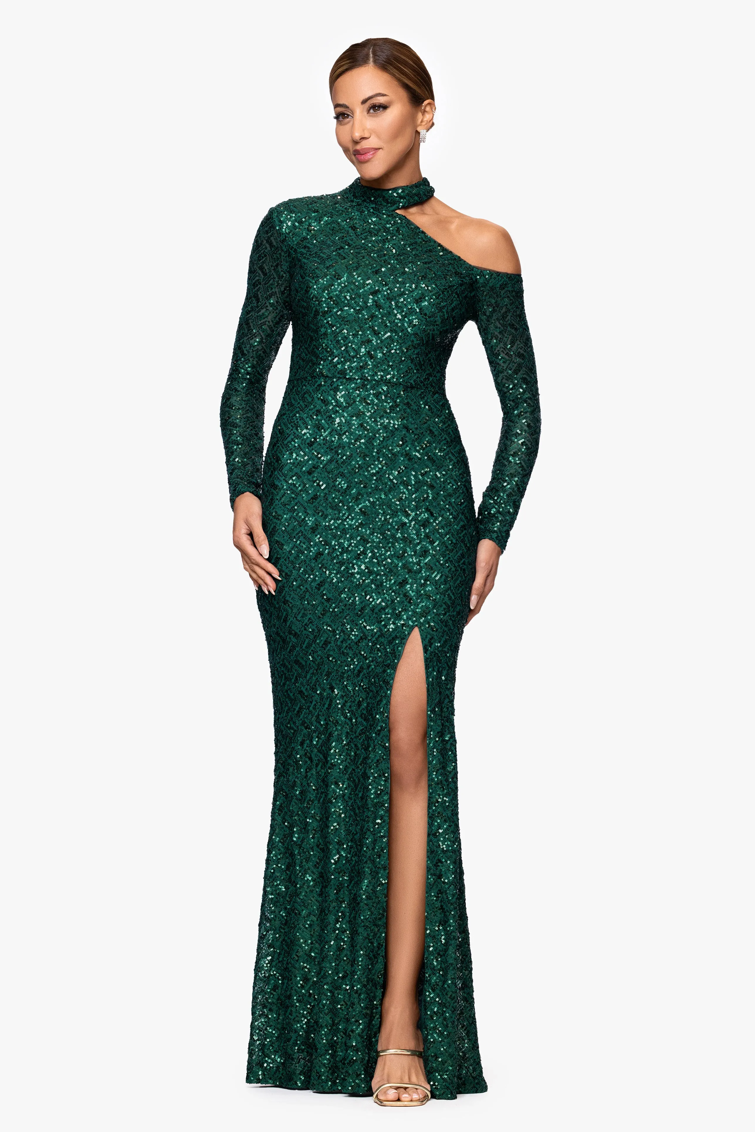"Chrishell" Sequin High Neck Shoulder Cutout Floor Length Dress sold by Xscape