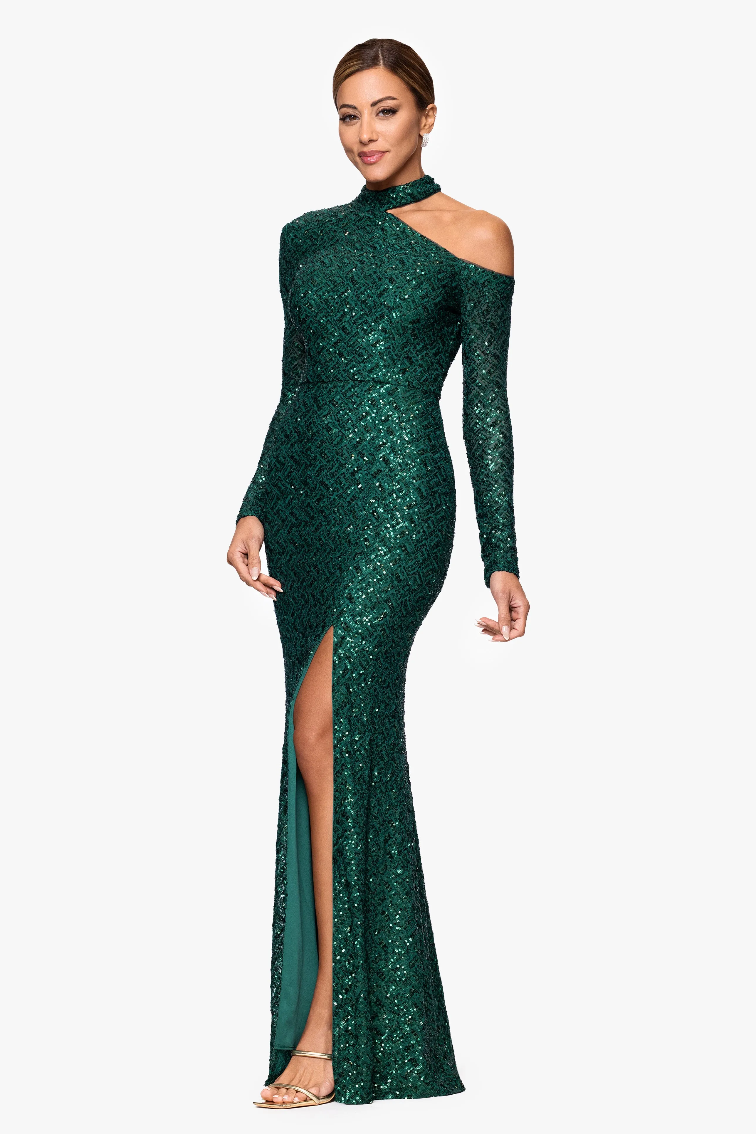 "Chrishell" Sequin High Neck Shoulder Cutout Floor Length Dress sold by Xscape product image thumbnail 4