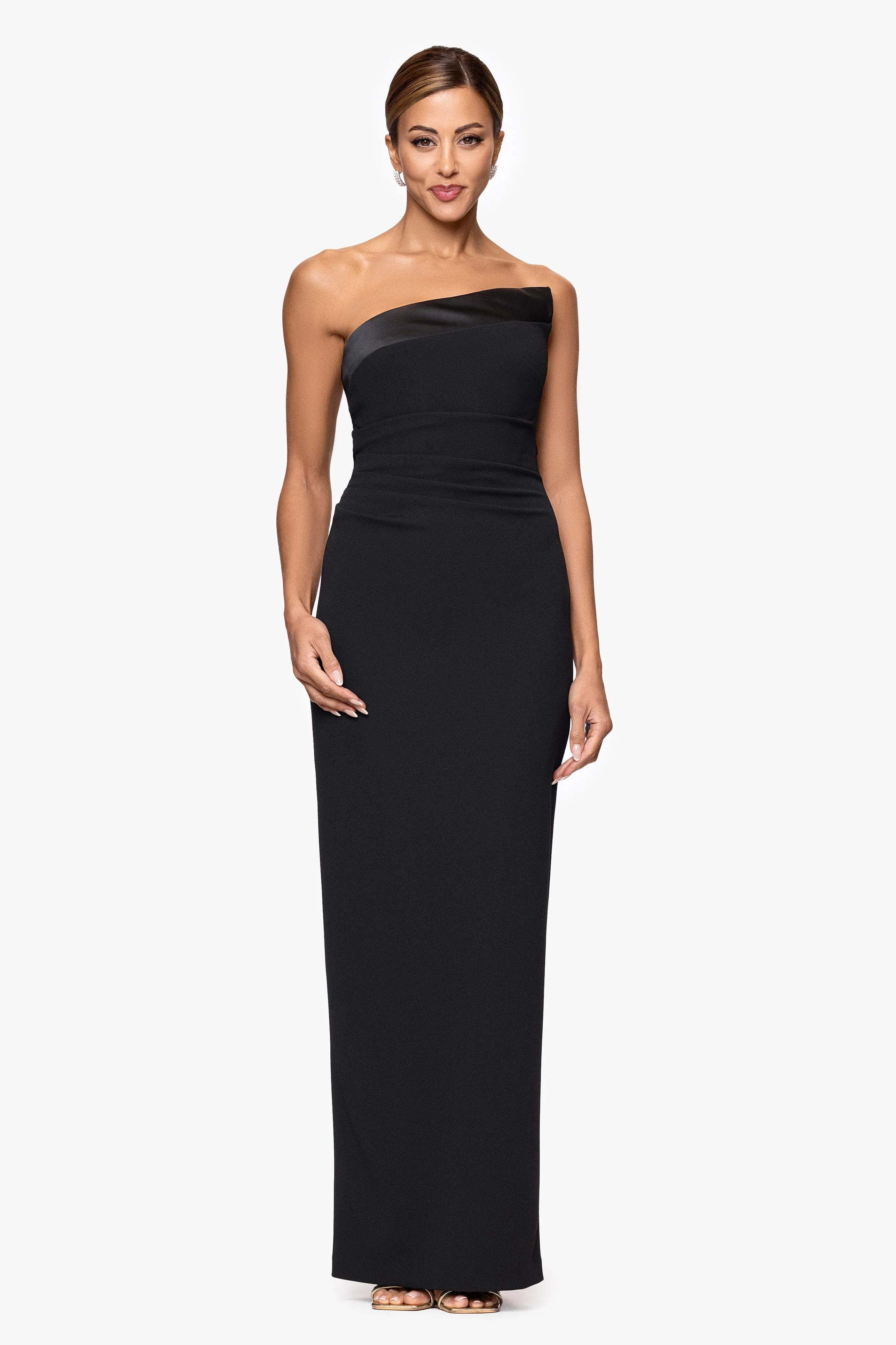 "Lisa" Scuba Crepe Strapless Asymmetrical Satin Neckline Floor Length Dress sold by Xscape