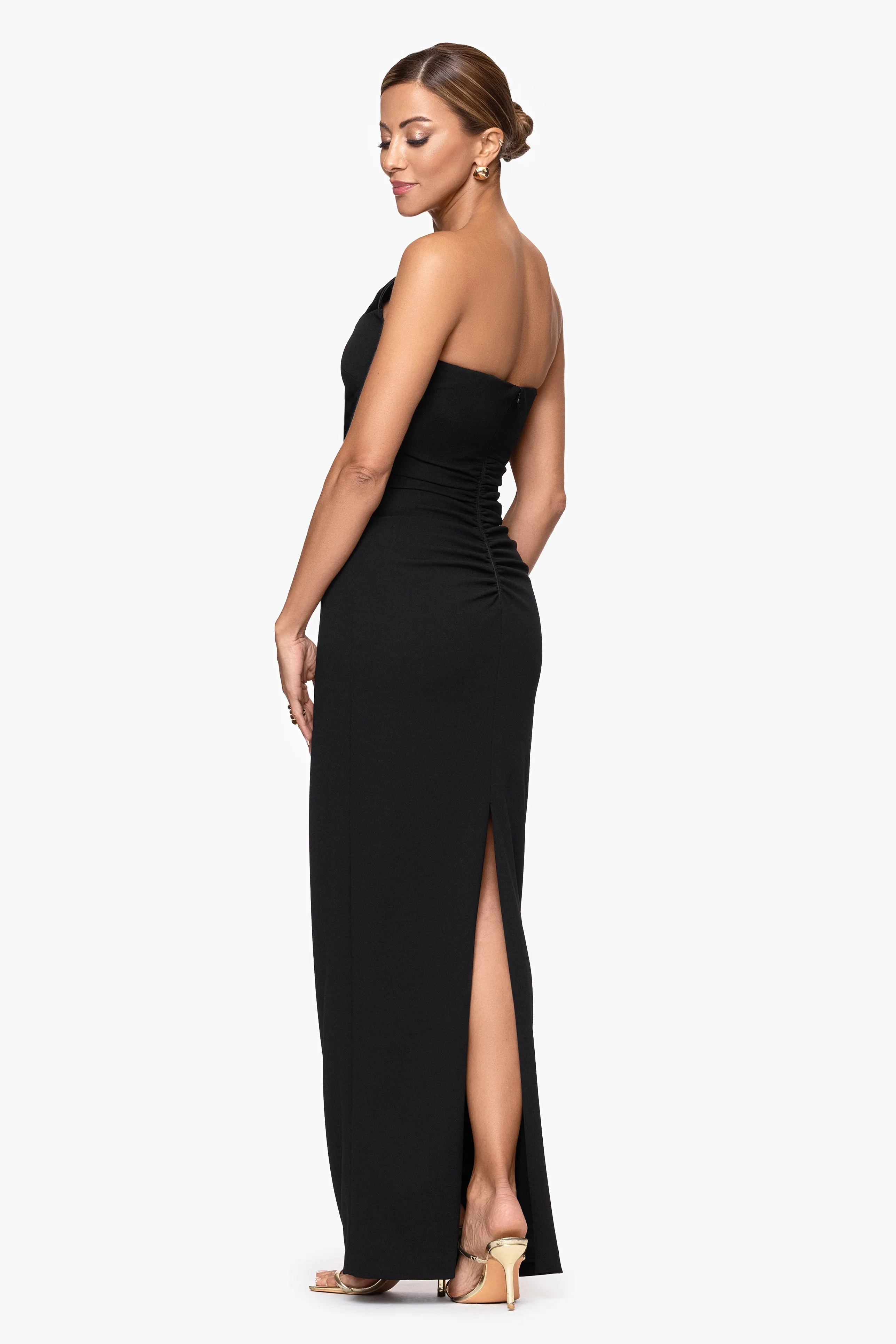 "Lisa" Scuba Crepe Strapless Asymmetrical Satin Neckline Floor Length Dress sold by Xscape product image thumbnail 3