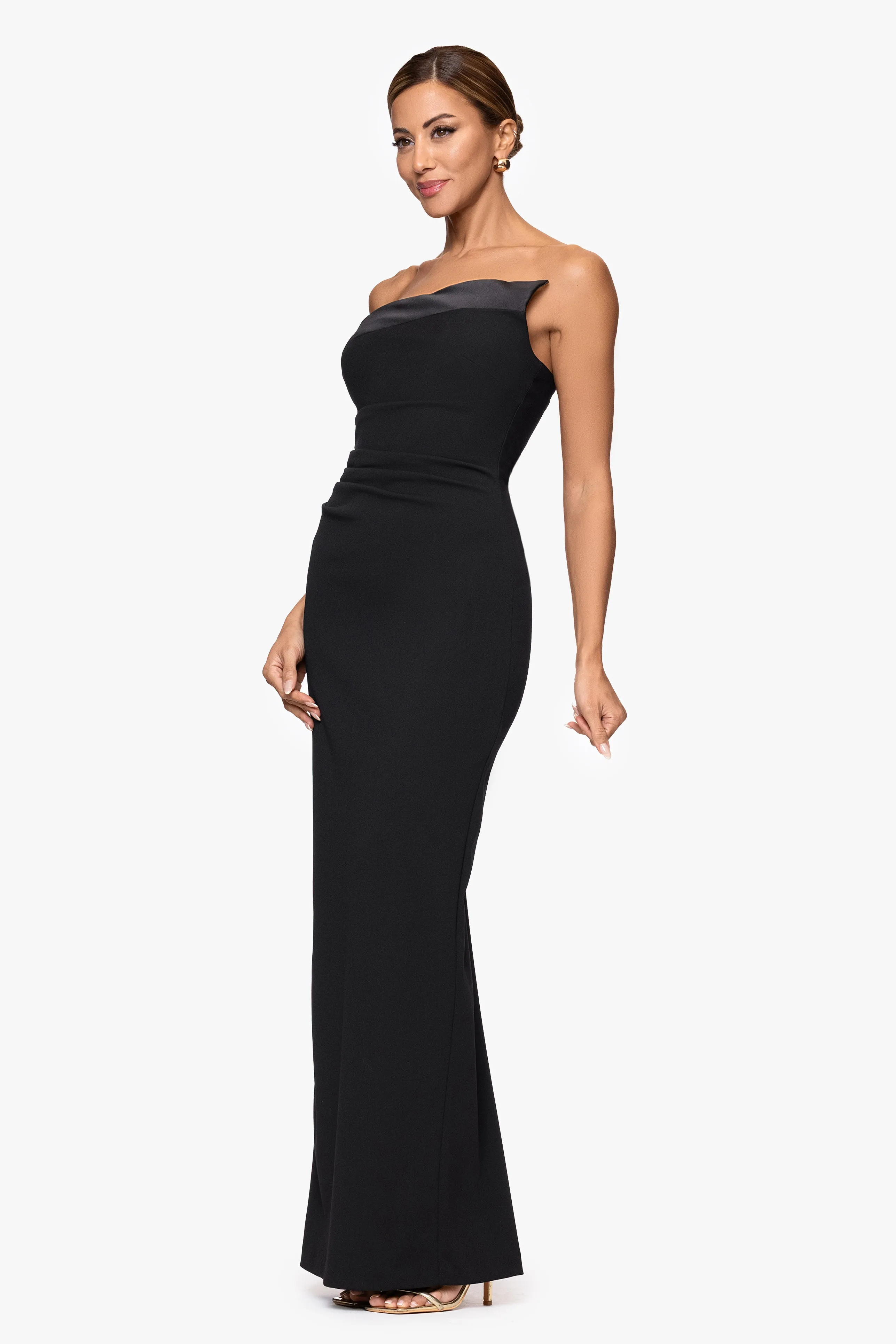 "Lisa" Scuba Crepe Strapless Asymmetrical Satin Neckline Floor Length Dress sold by Xscape product image thumbnail 4