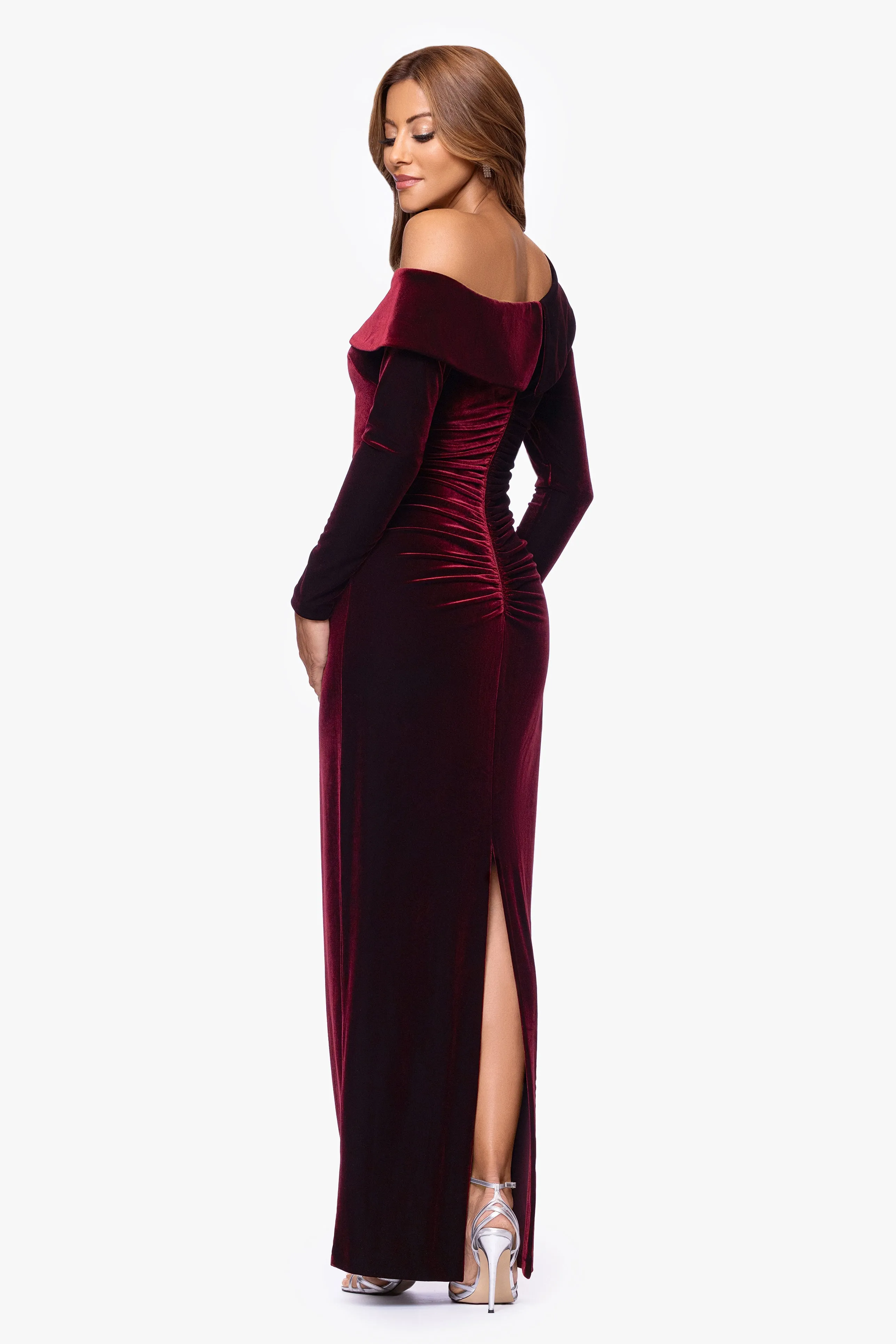 "Claira" Velvet Off the Shoulder Long Sleeve Floor Length Dress sold by Xscape product image thumbnail 3