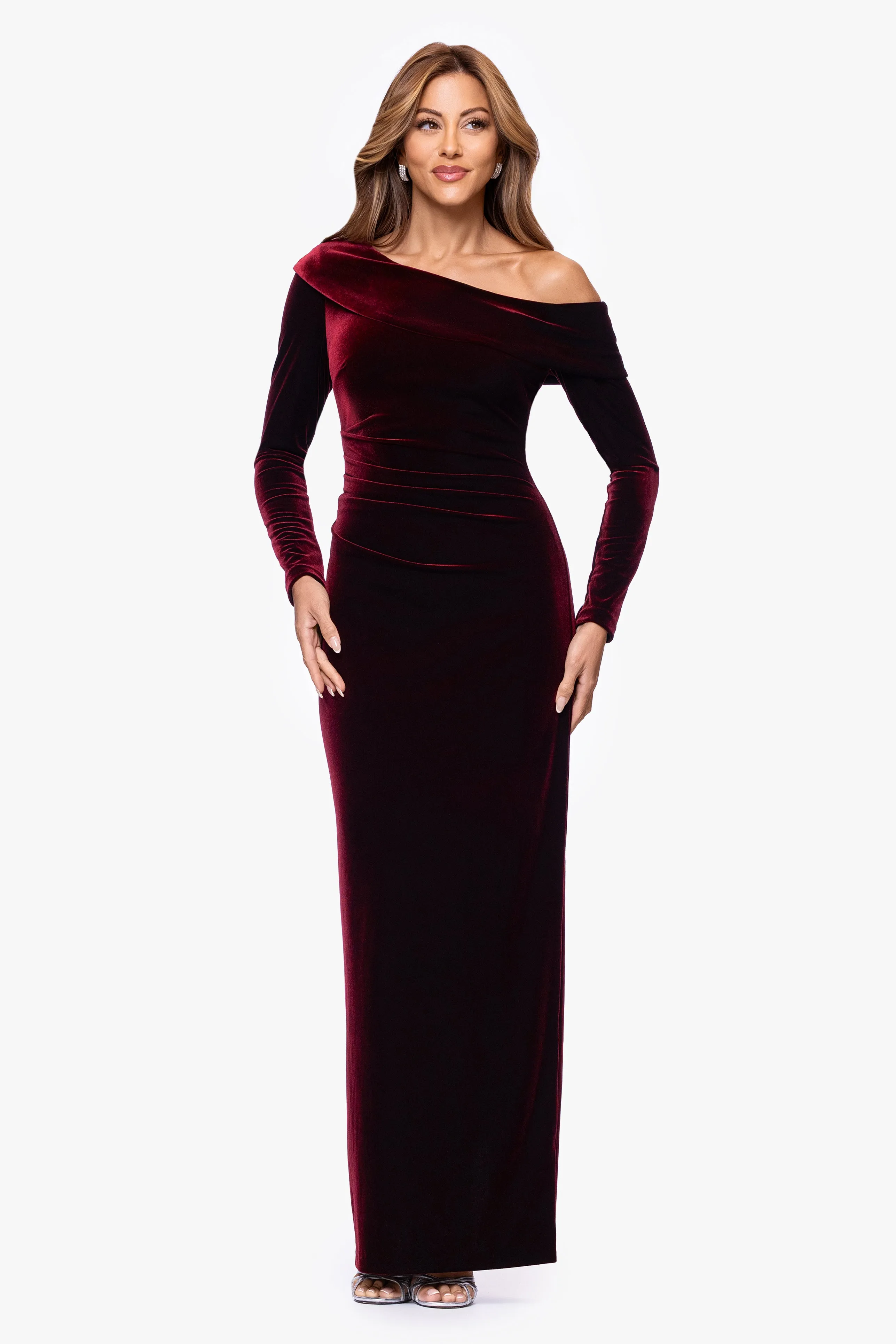 "Claira" Velvet Off the Shoulder Long Sleeve Floor Length Dress sold by Xscape