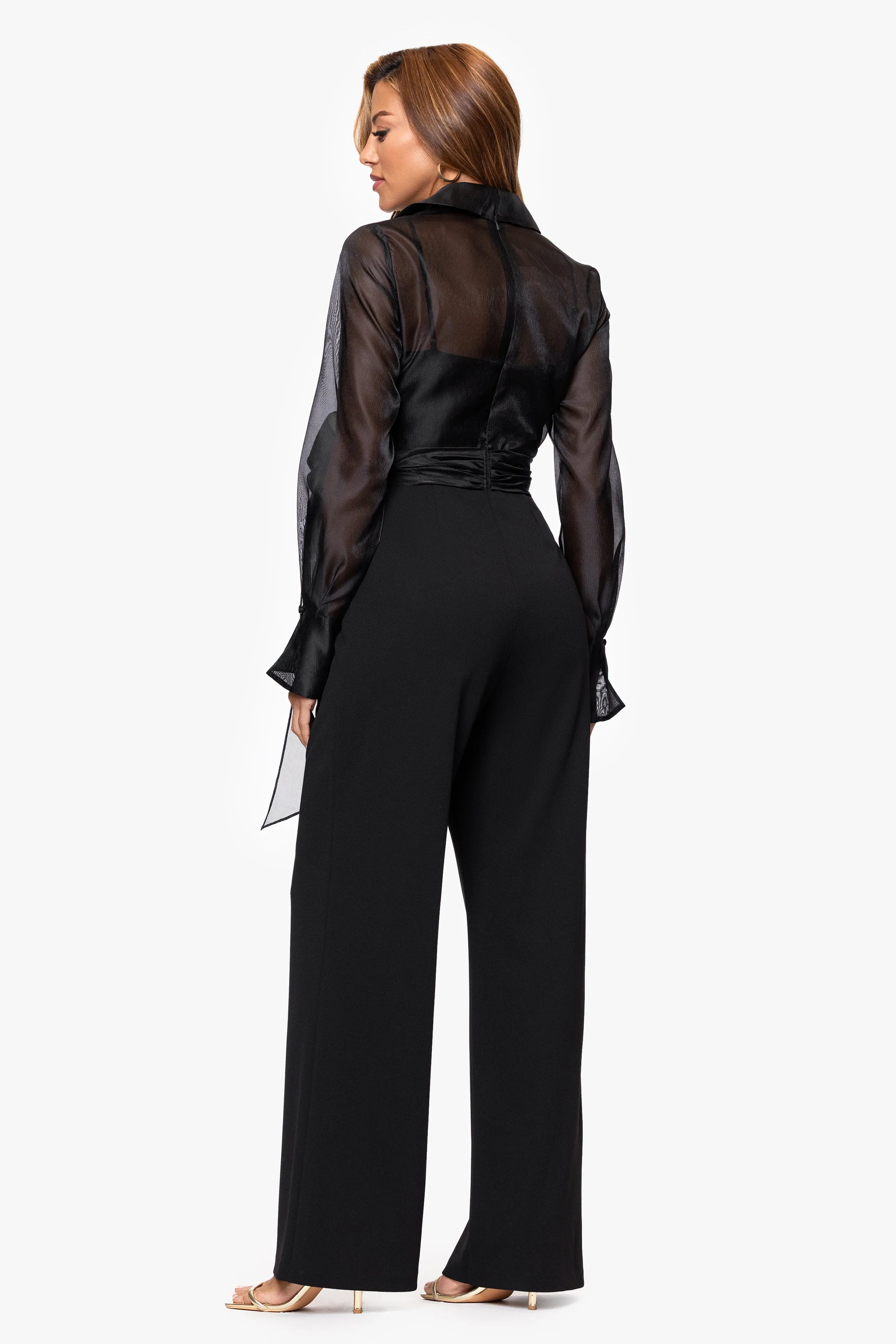 "Benita" Organza and Scuba Crepe Waist Tie Long Sleeve JumpSuit sold by Xscape product image thumbnail 3