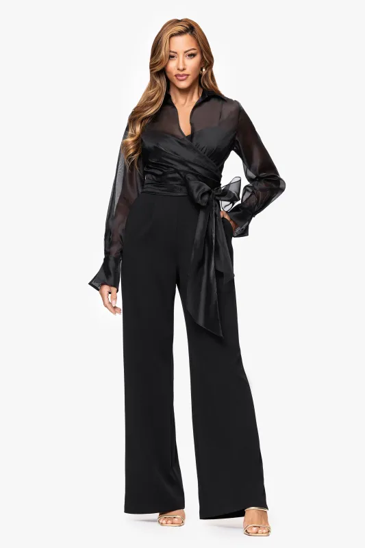 "Benita" Organza and Scuba Crepe Waist Tie Long Sleeve JumpSuit made by Xscape