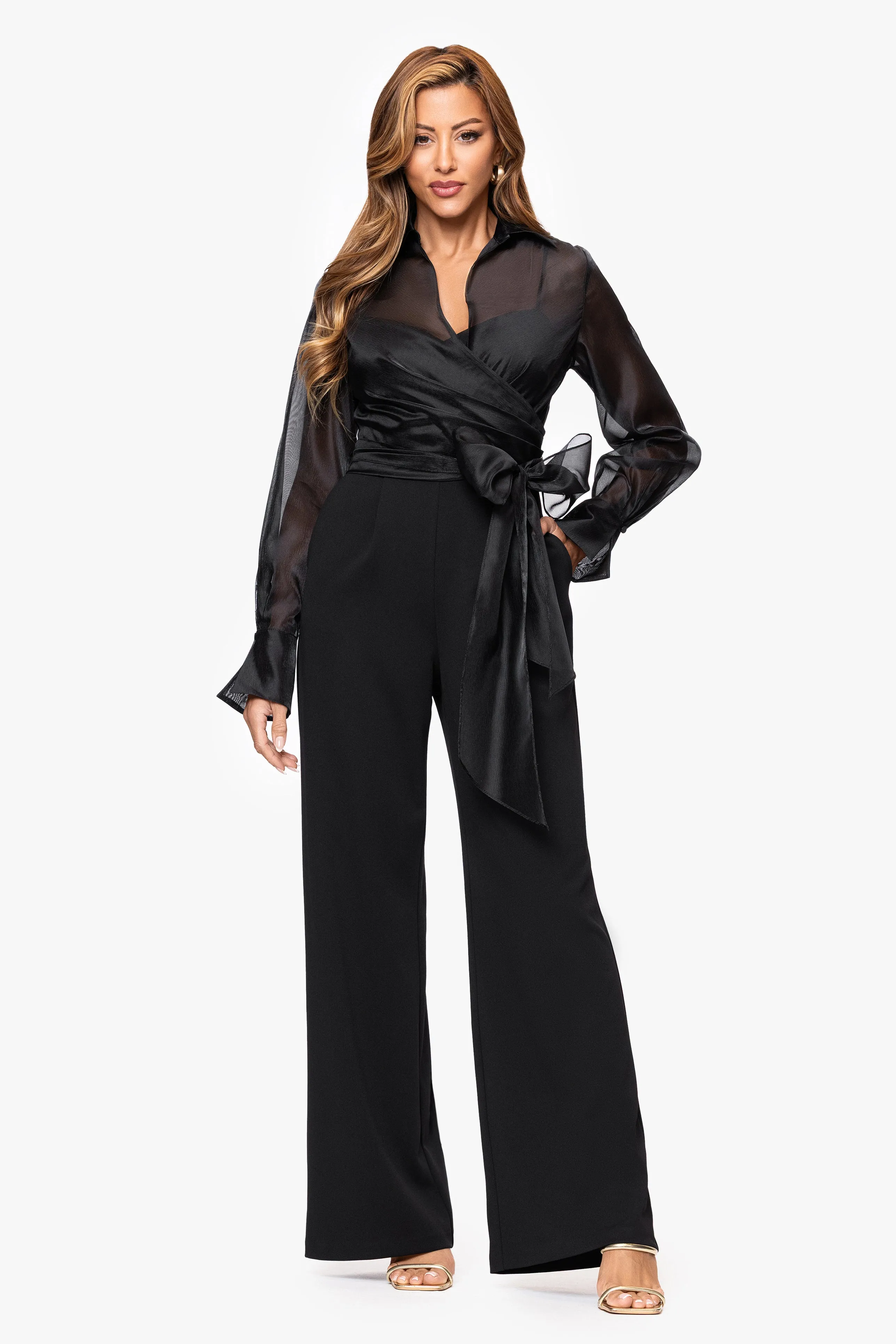 "Benita" Organza and Scuba Crepe Waist Tie Long Sleeve JumpSuit sold by Xscape