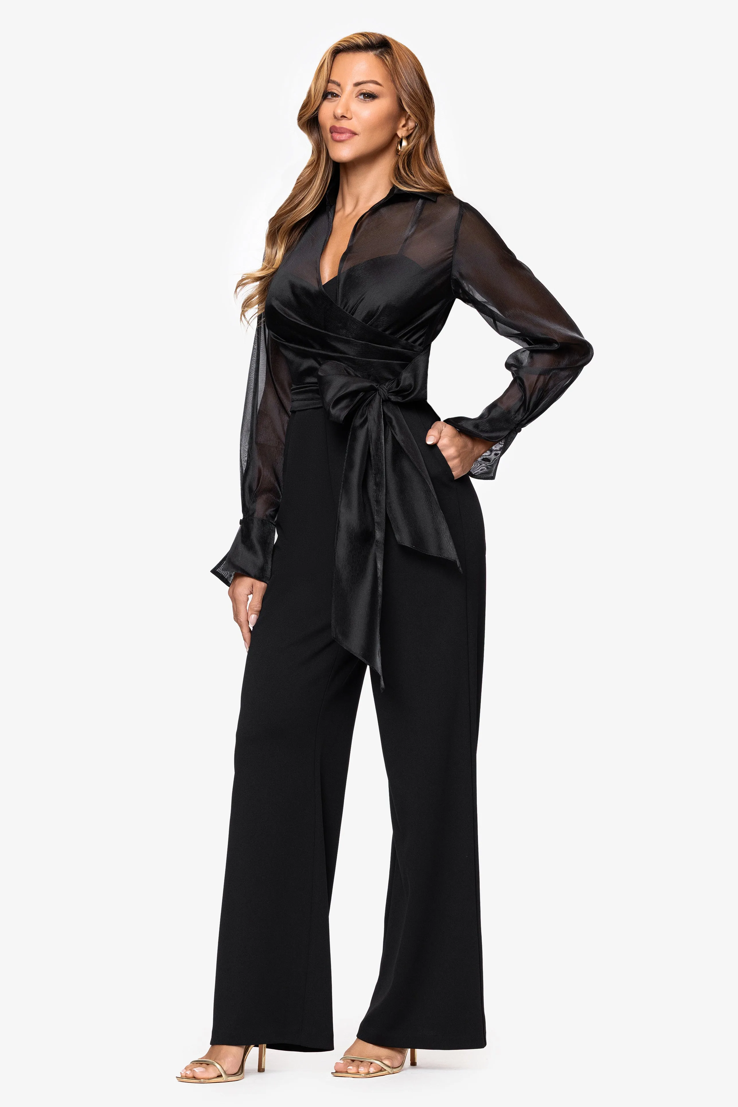 "Benita" Organza and Scuba Crepe Waist Tie Long Sleeve JumpSuit sold by Xscape product image thumbnail 4