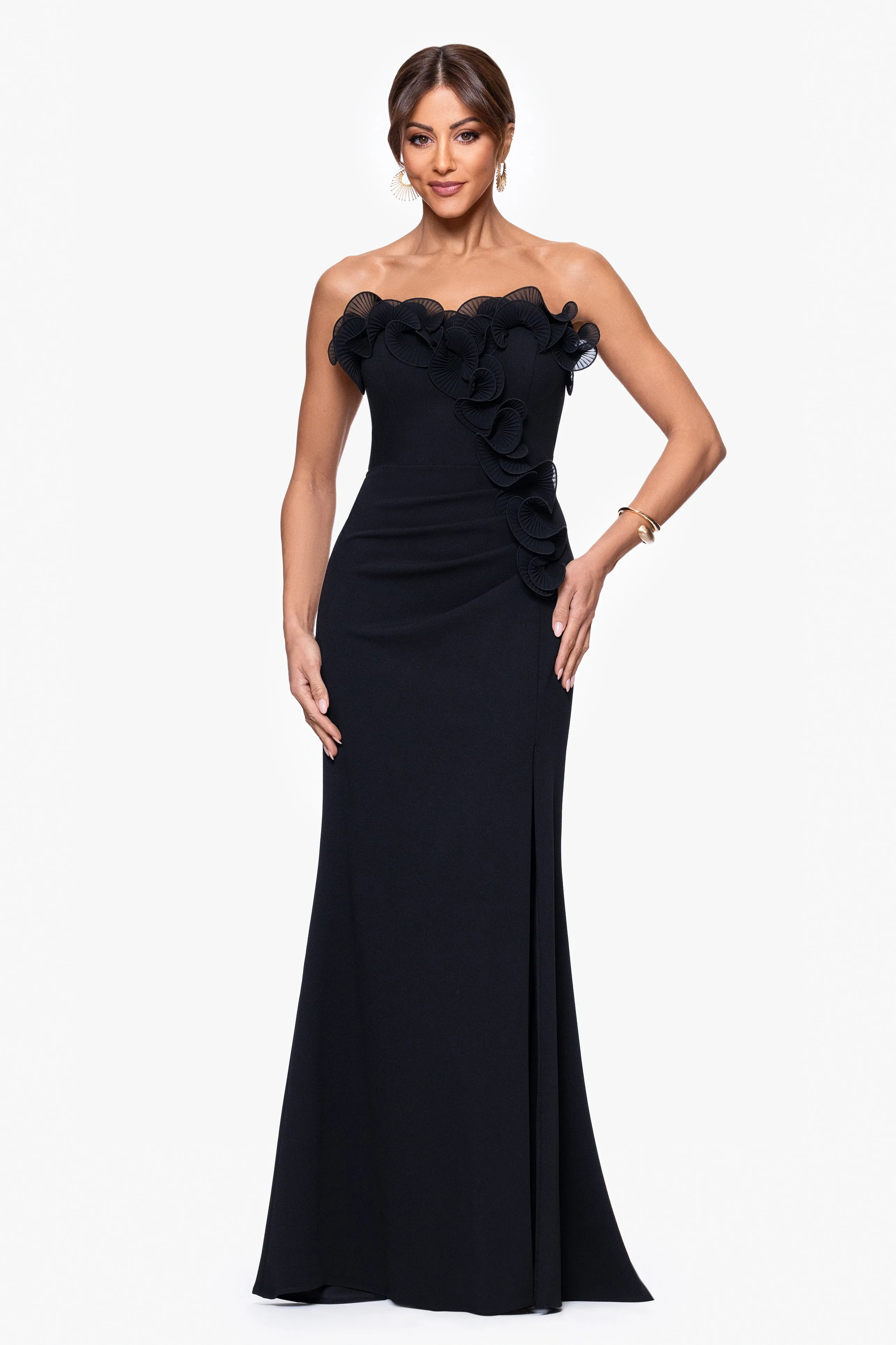 Petite "Kimberly" Scuba Crepe Chiffon Ruffle Strapless Floor Length Dress sold by Xscape