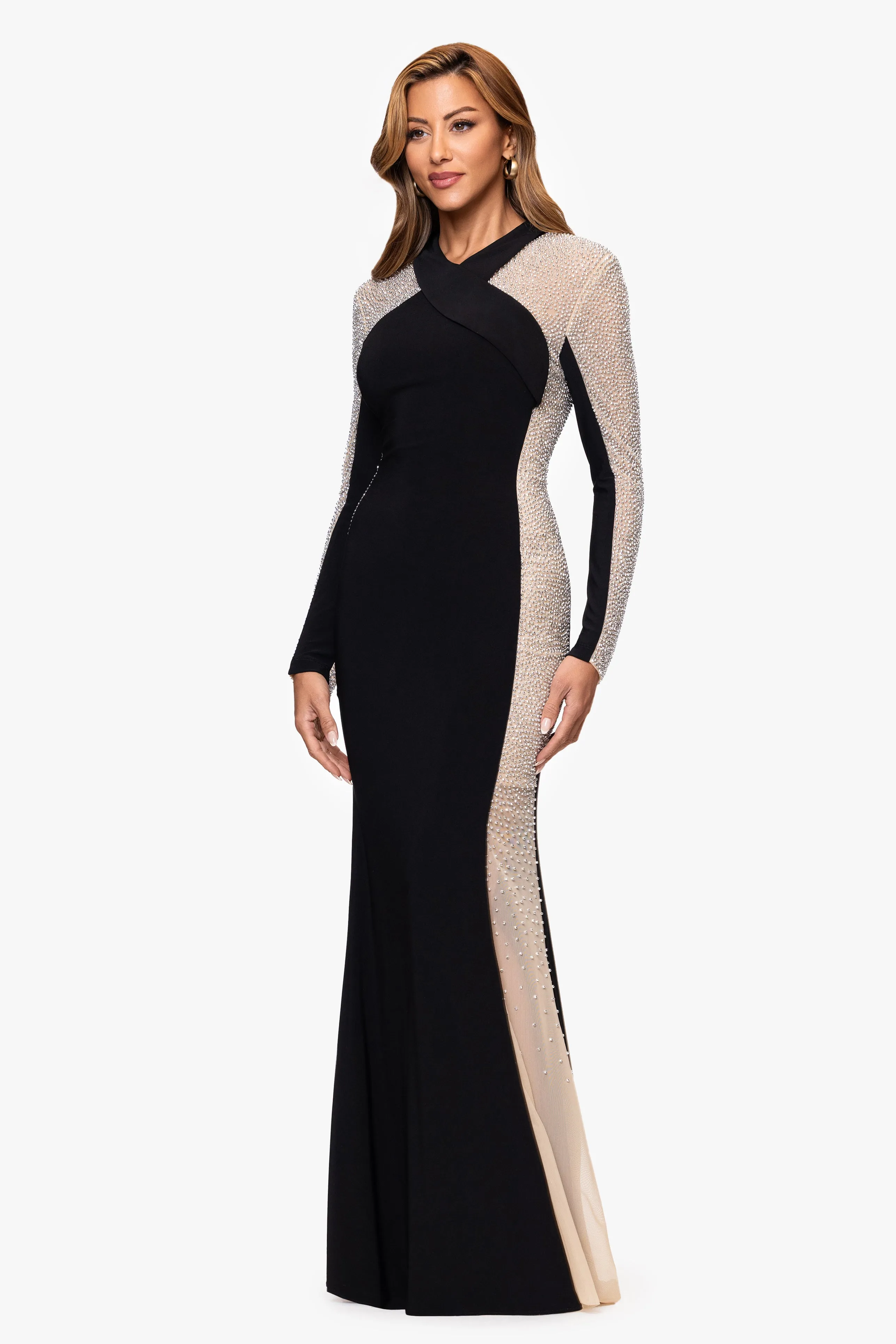 "Olena" Caviar Beaded Jersey Knit Long Sleeve Floor Length Dress sold by Xscape product image thumbnail 4