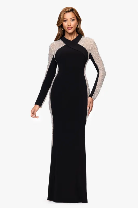 "Olena" Caviar Beaded Jersey Knit Long Sleeve Floor Length Dress sold by Xscape