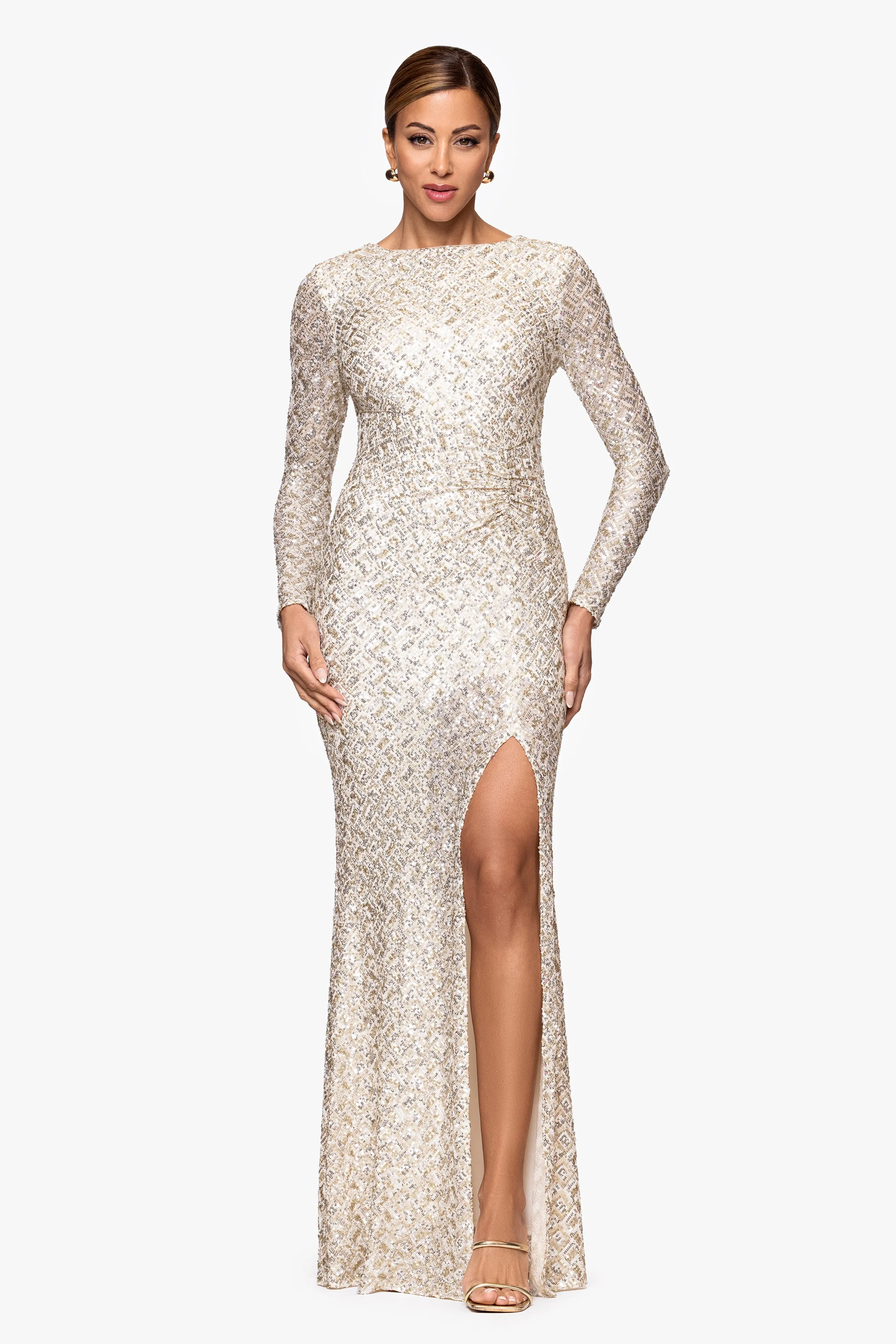 "Ryann" Sequin Long Sleeve Floor Length Dress sold by Xscape
