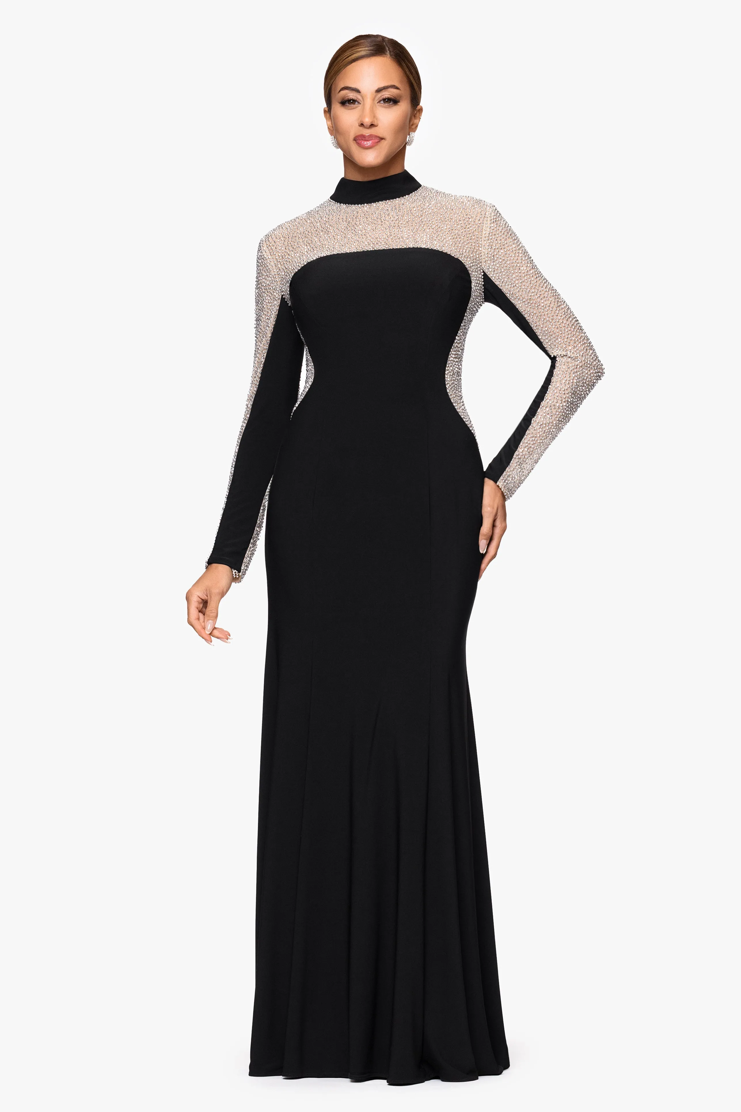 "Josephina" Caviar Beaded Jersey Knit Mock Neck Long Sleeve Floor Length Dress sold by Xscape