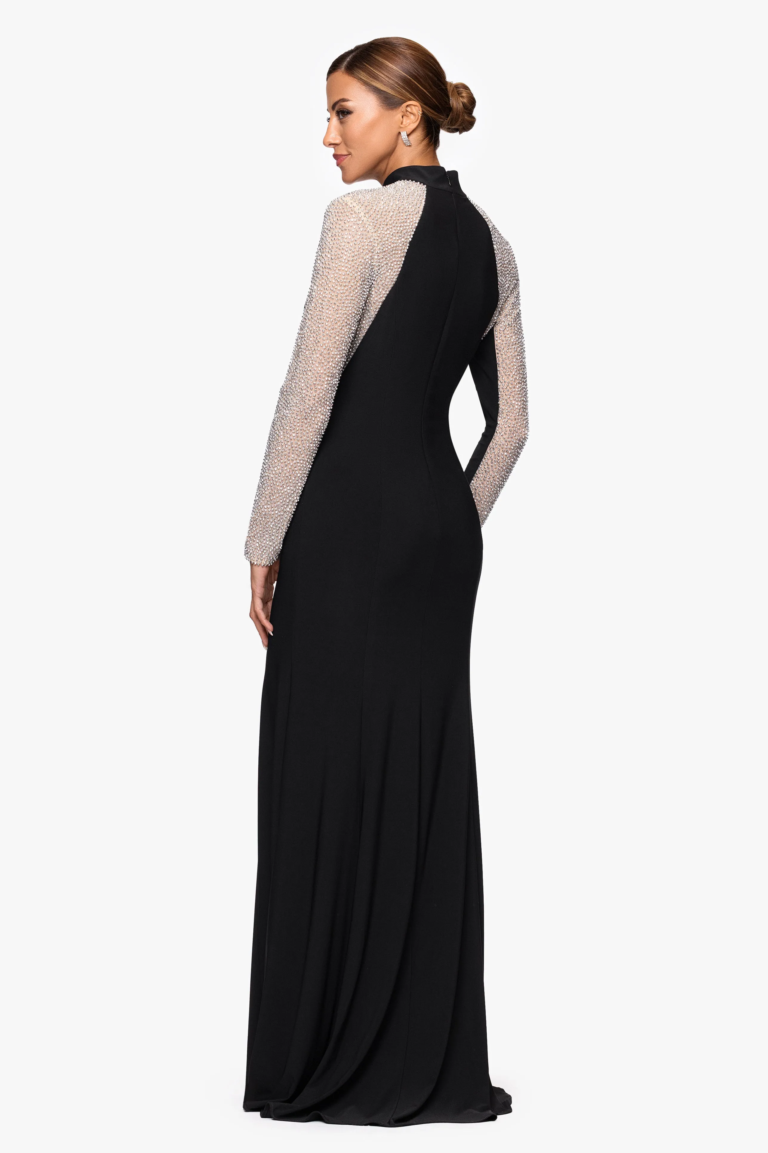 "Josephina" Caviar Beaded Jersey Knit Mock Neck Long Sleeve Floor Length Dress sold by Xscape product image thumbnail 3