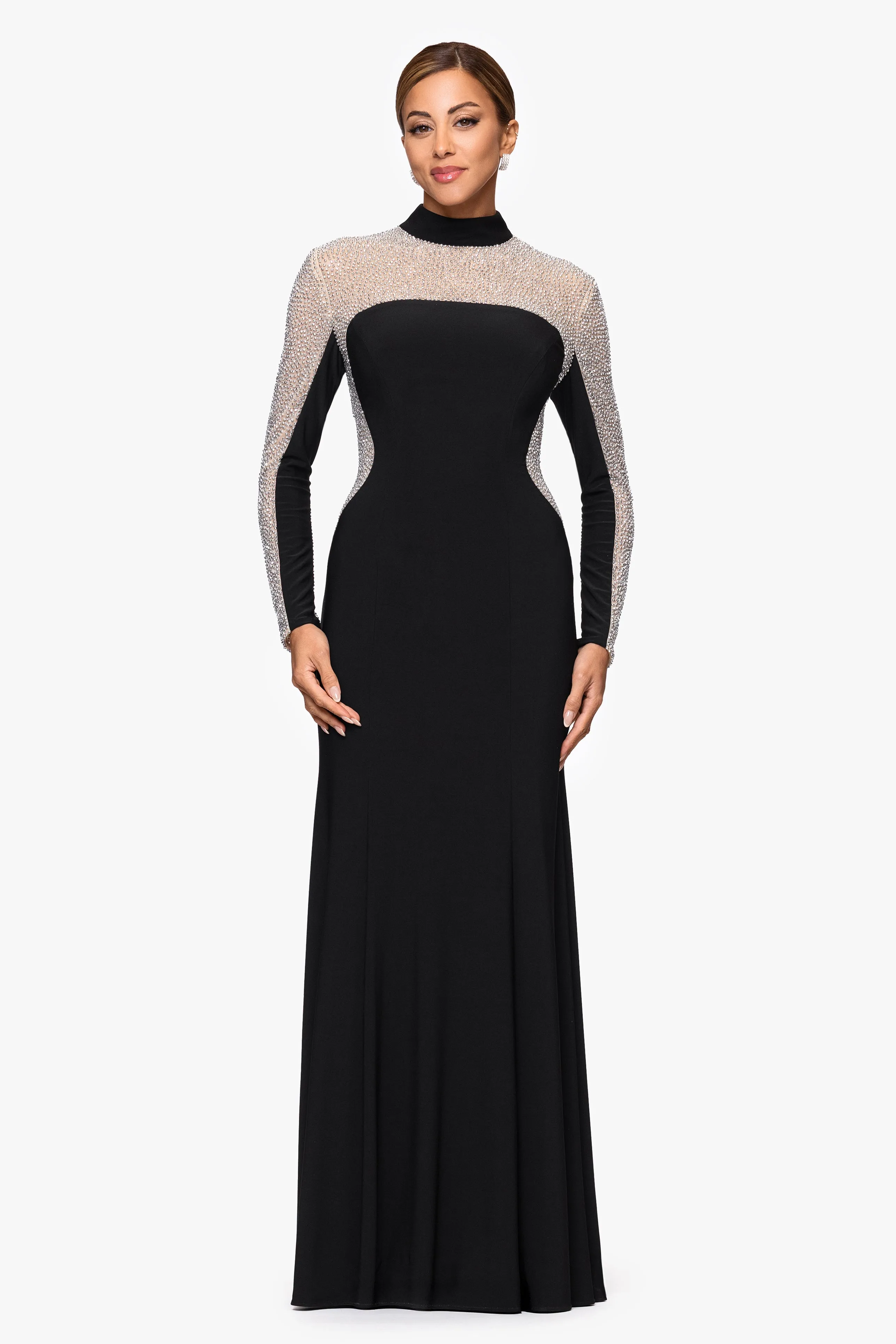"Josephina" Caviar Beaded Jersey Knit Mock Neck Long Sleeve Floor Length Dress sold by Xscape product image thumbnail 5