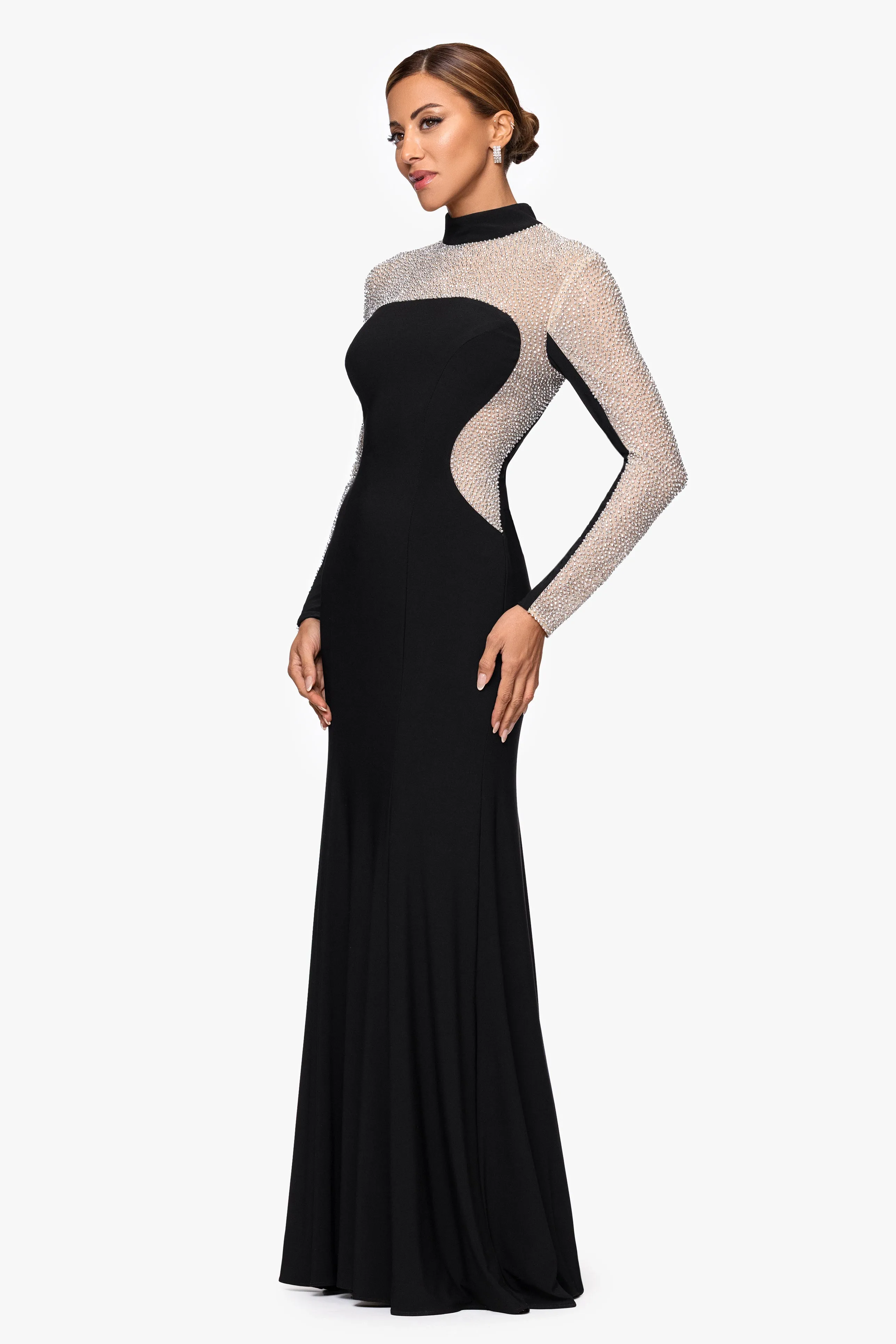 "Josephina" Caviar Beaded Jersey Knit Mock Neck Long Sleeve Floor Length Dress sold by Xscape product image thumbnail 4