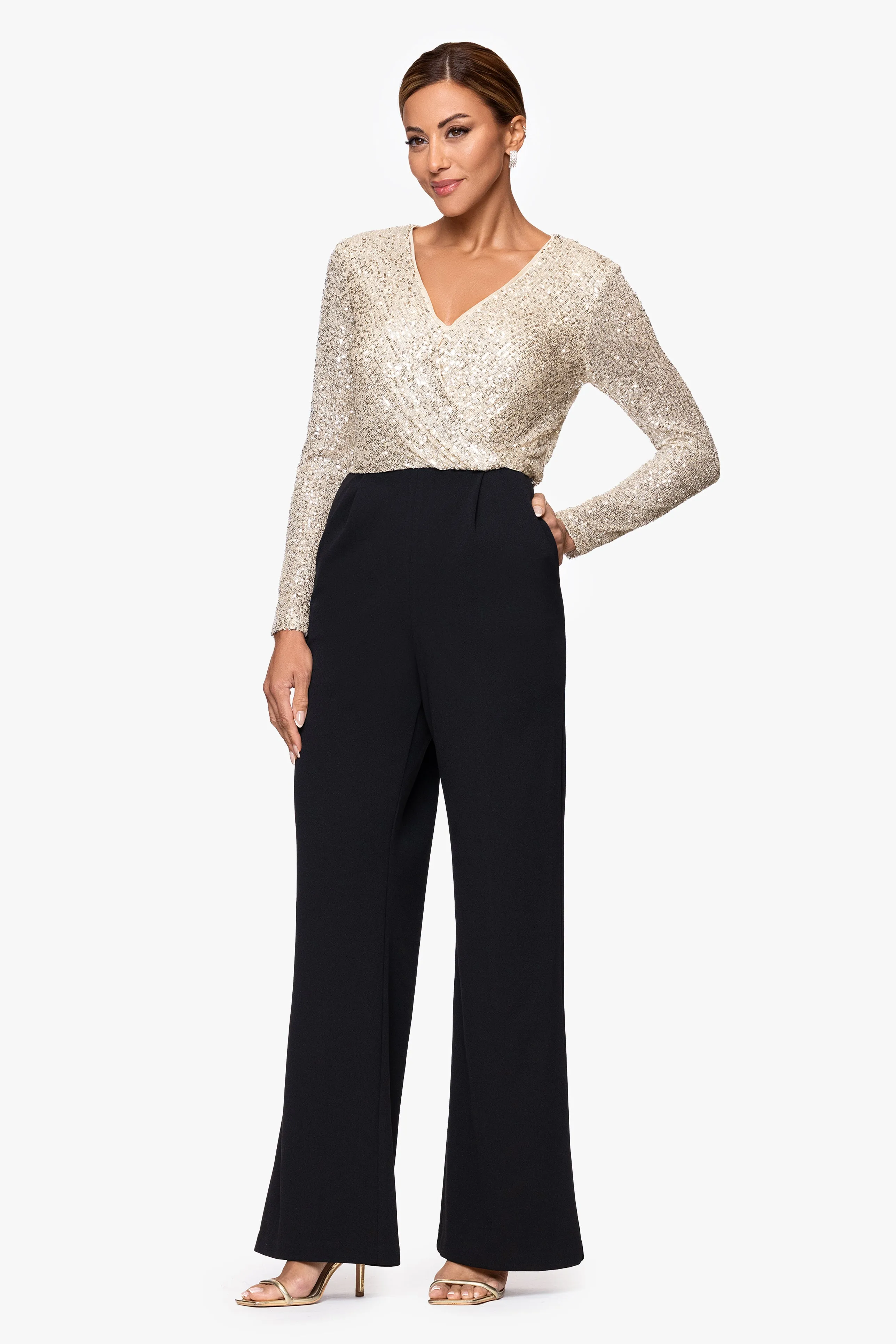 "Cornelia" Sequin and Scuba Crepe Long Sleeve Jumpsuit sold by Xscape product image thumbnail 4