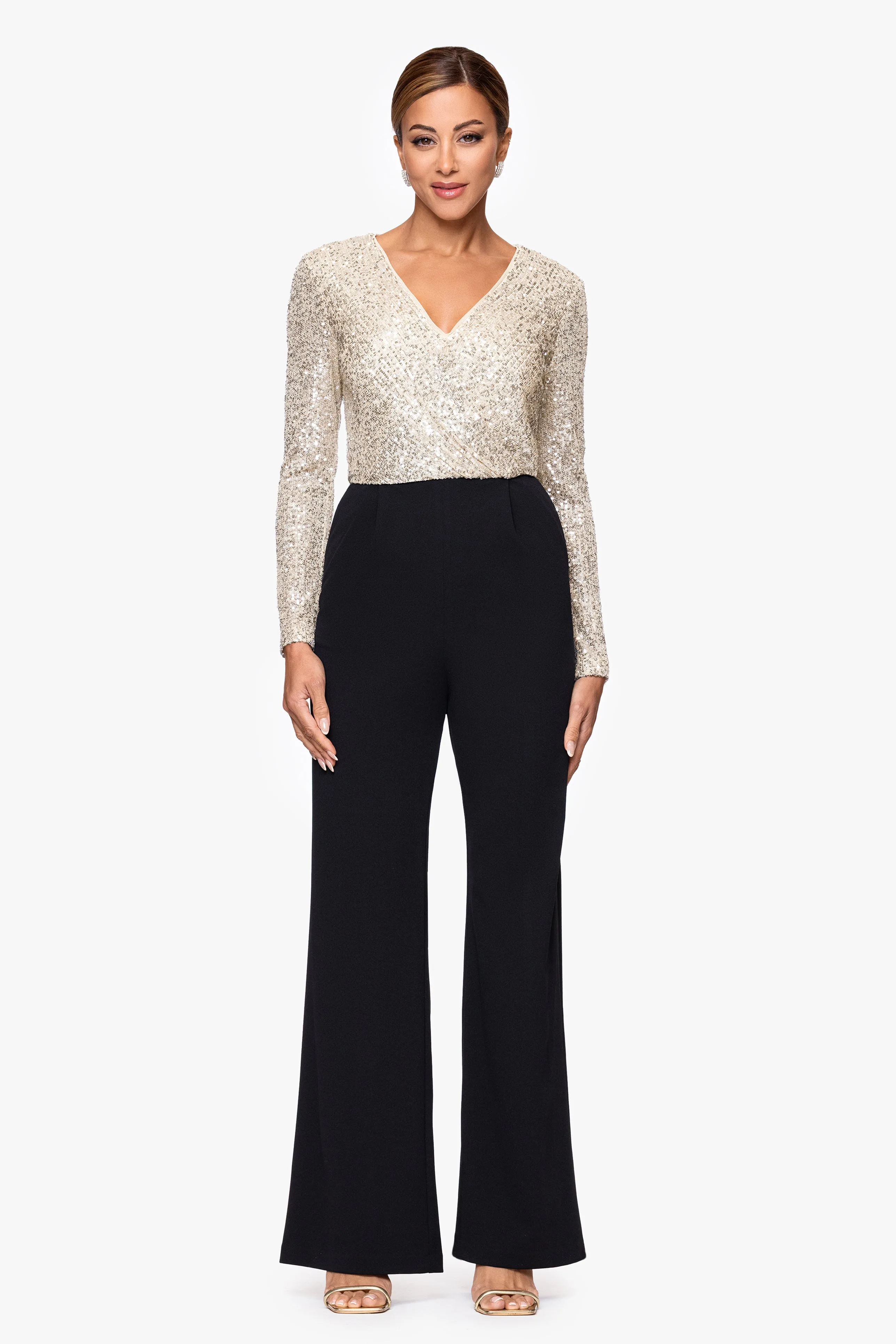 "Cornelia" Sequin and Scuba Crepe Long Sleeve Jumpsuit sold by Xscape