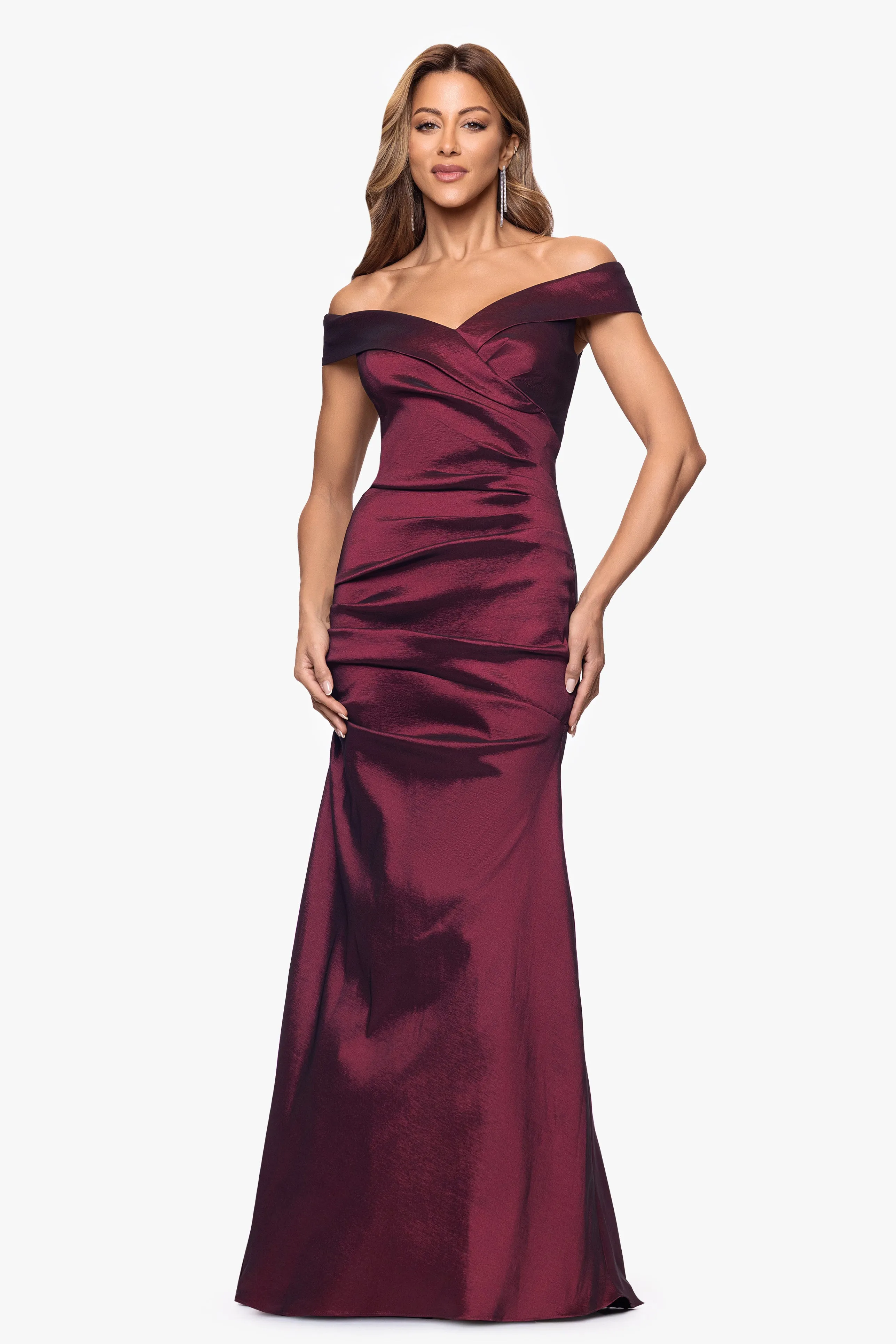 "Romy" Taffeta Off the Shoulder Rouched Floor Length Dress sold by Xscape product image thumbnail 5