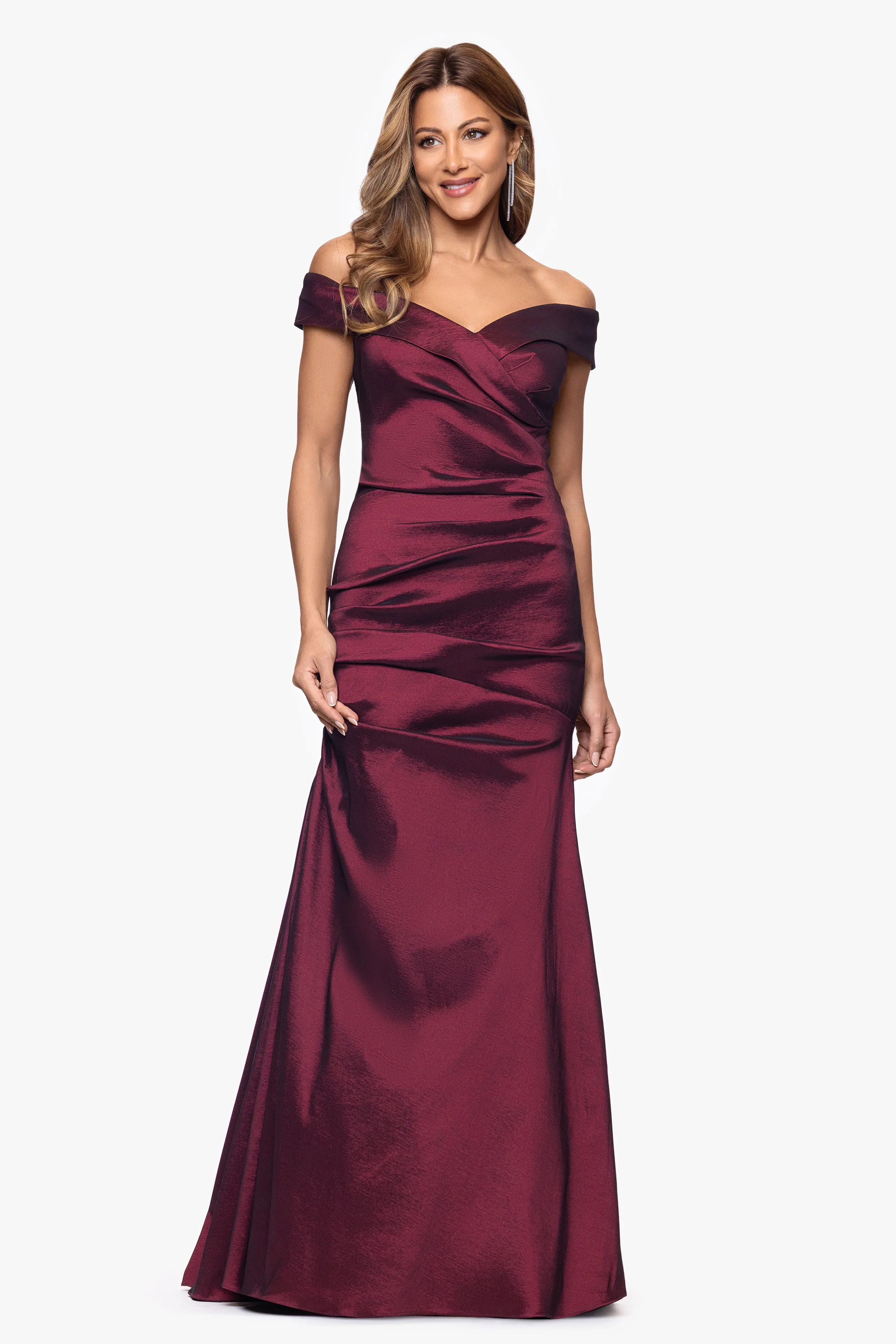 "Romy" Taffeta Off the Shoulder Rouched Floor Length Dress sold by Xscape