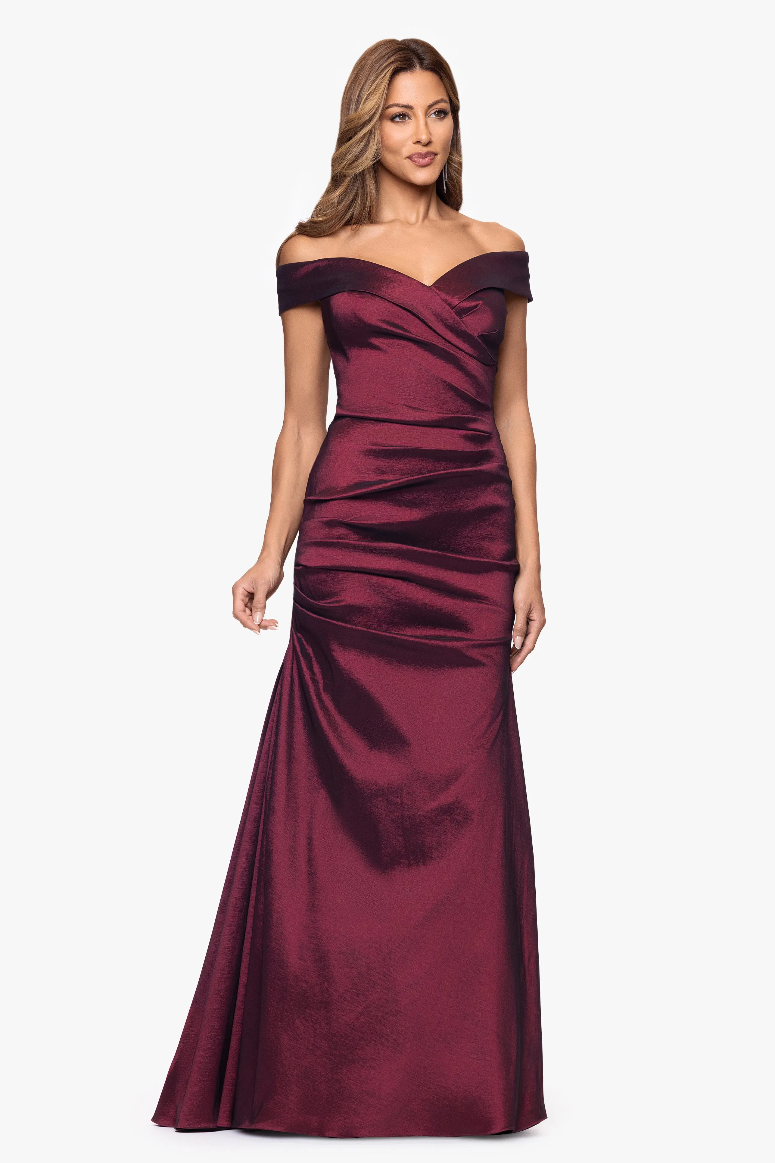 "Romy" Taffeta Off the Shoulder Rouched Floor Length Dress sold by Xscape product image thumbnail 4