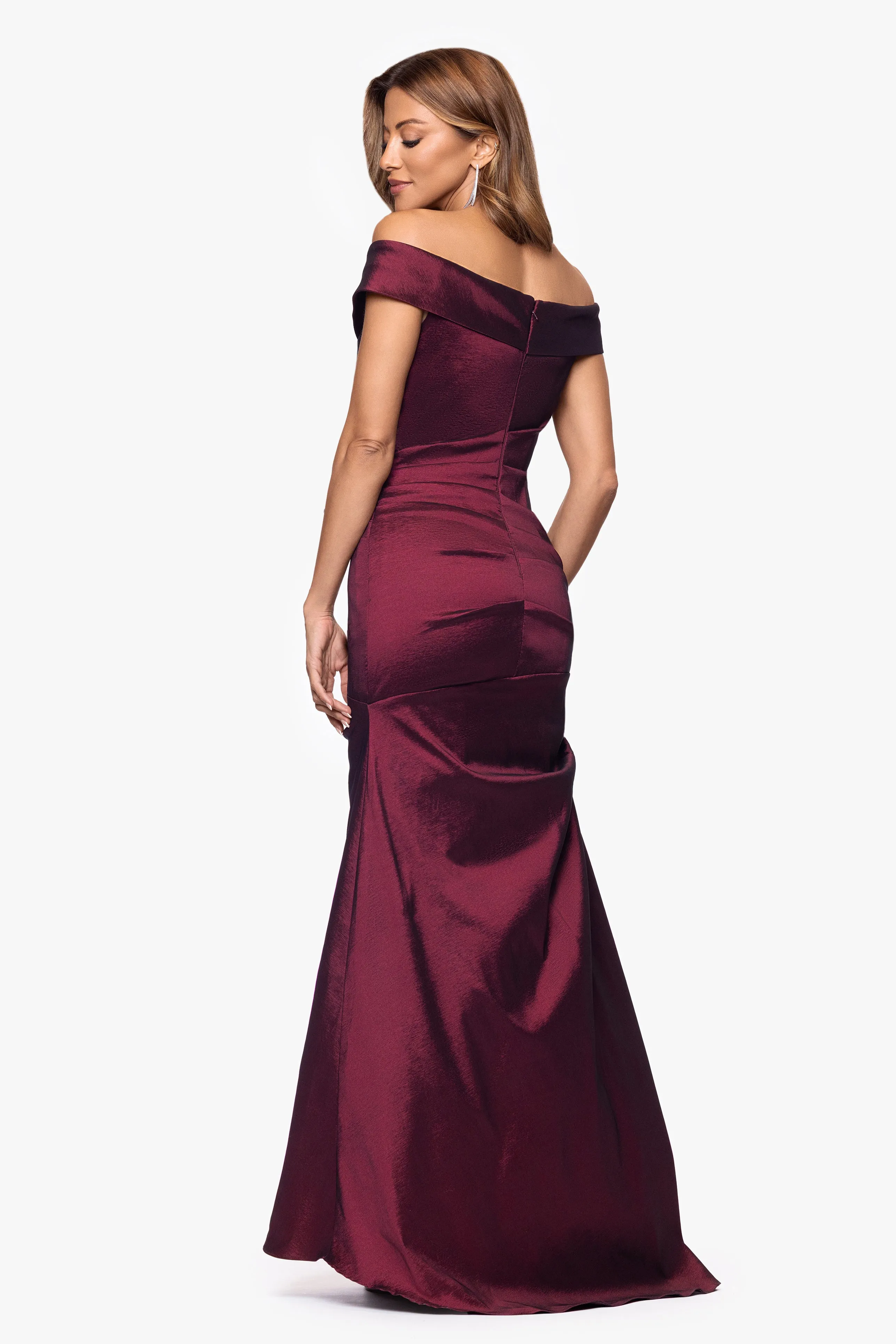 "Romy" Taffeta Off the Shoulder Rouched Floor Length Dress sold by Xscape product image thumbnail 3