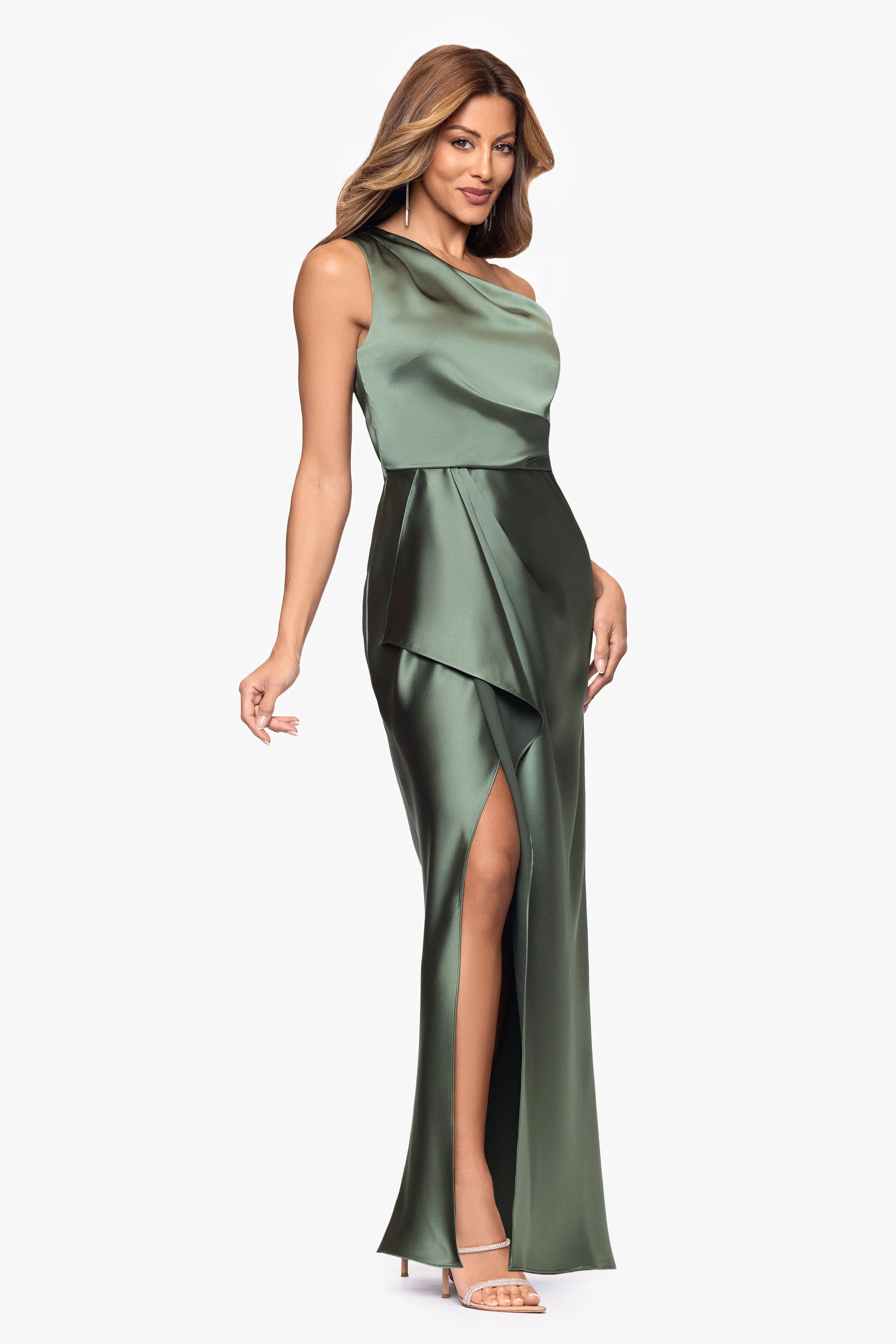 "Lacey" Satin One Shoulder Ruffle Floor Length Dress sold by Xscape product image thumbnail 4