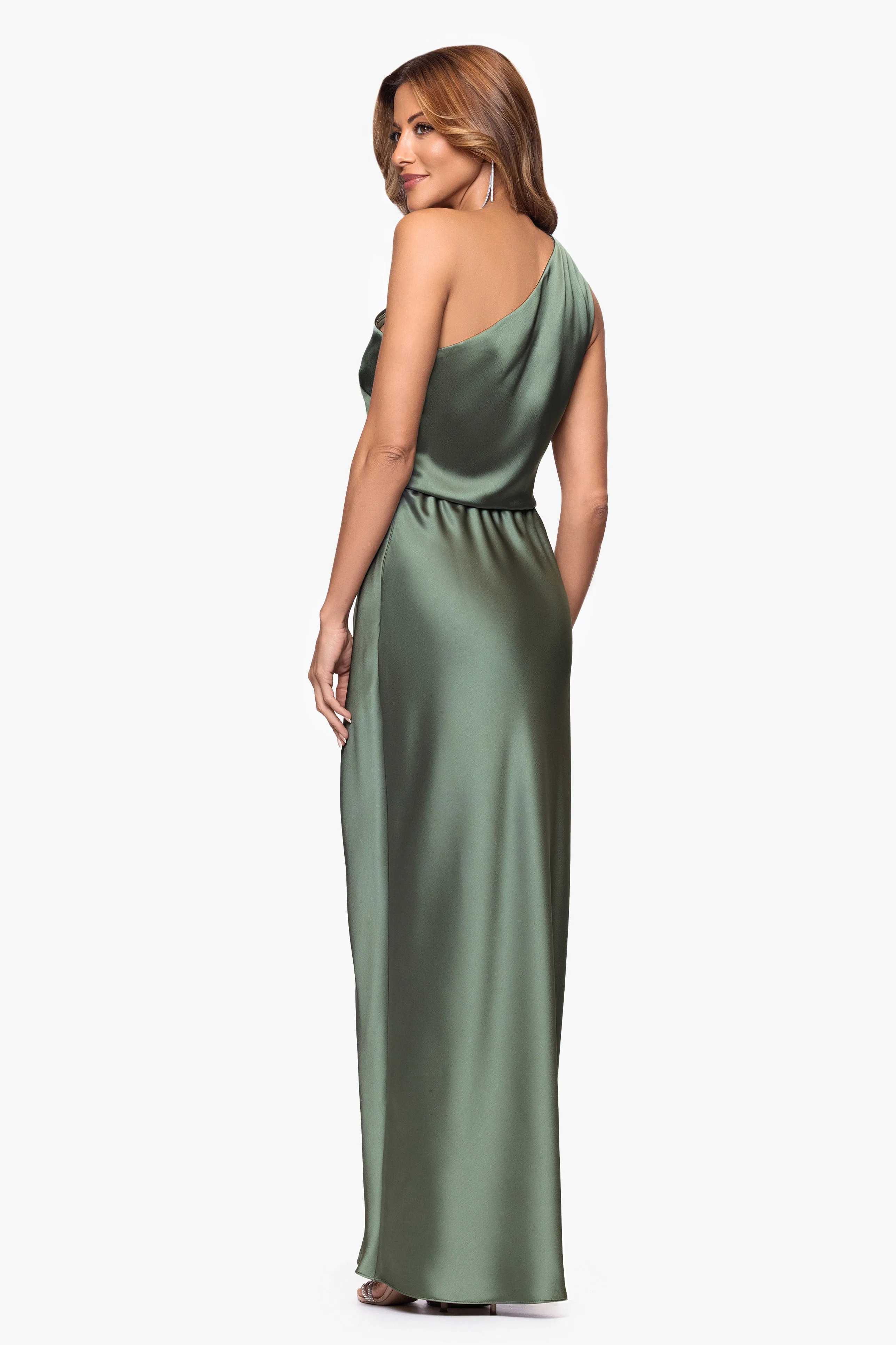 "Lacey" Satin One Shoulder Ruffle Floor Length Dress sold by Xscape product image thumbnail 3