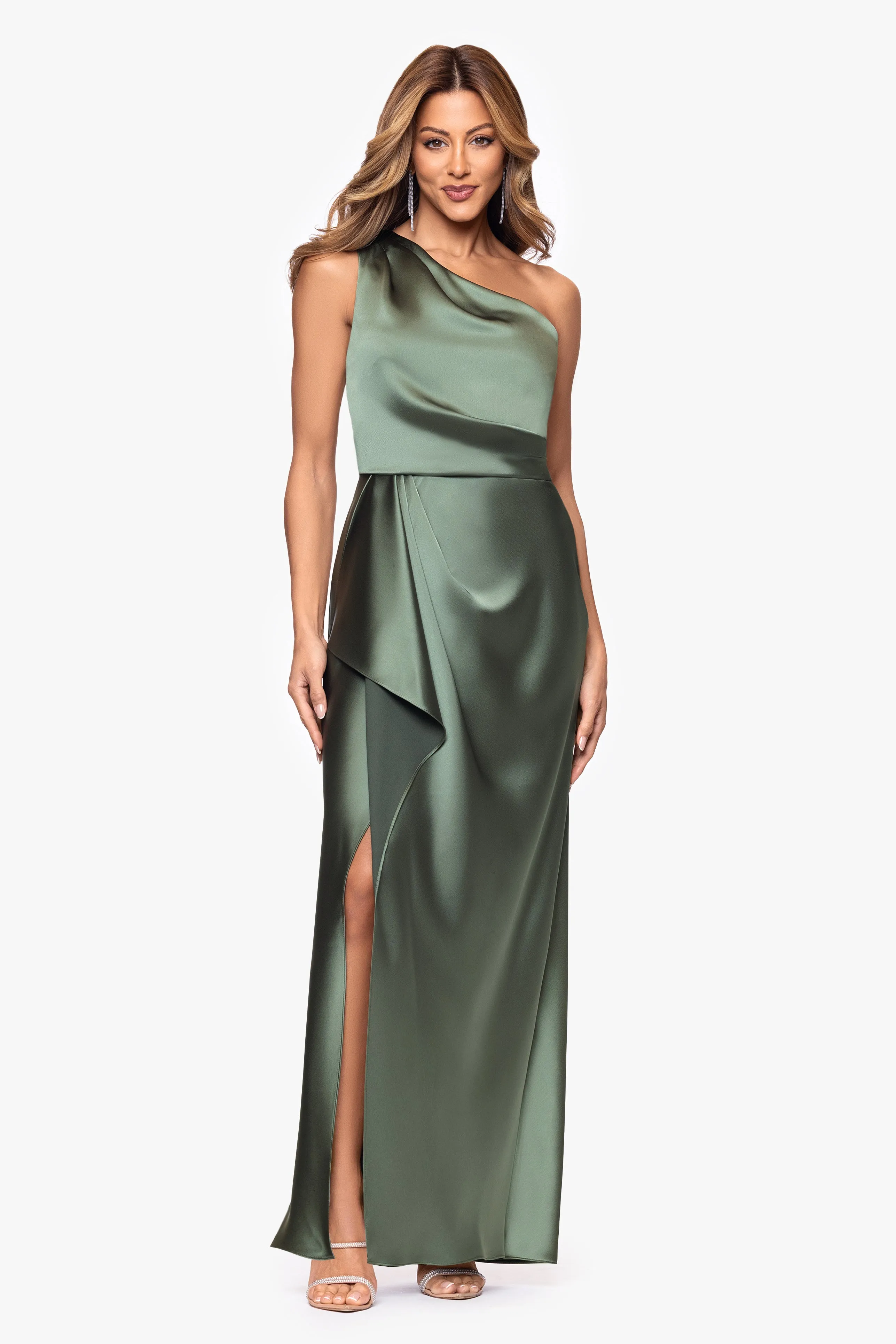 "Lacey" Satin One Shoulder Ruffle Floor Length Dress sold by Xscape