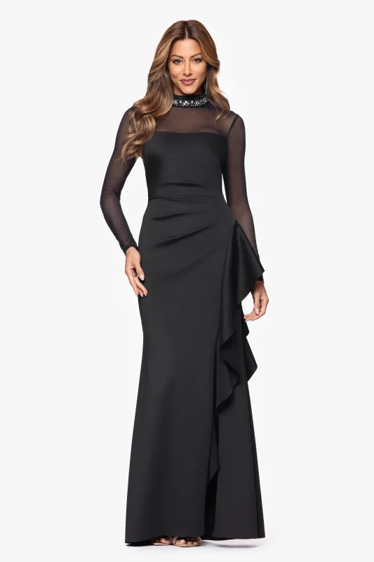 "Maxina" Techno Scuba Embellished Mock Neck and Mesh Long Sleeves Floor Length Dress sold by Xscape
