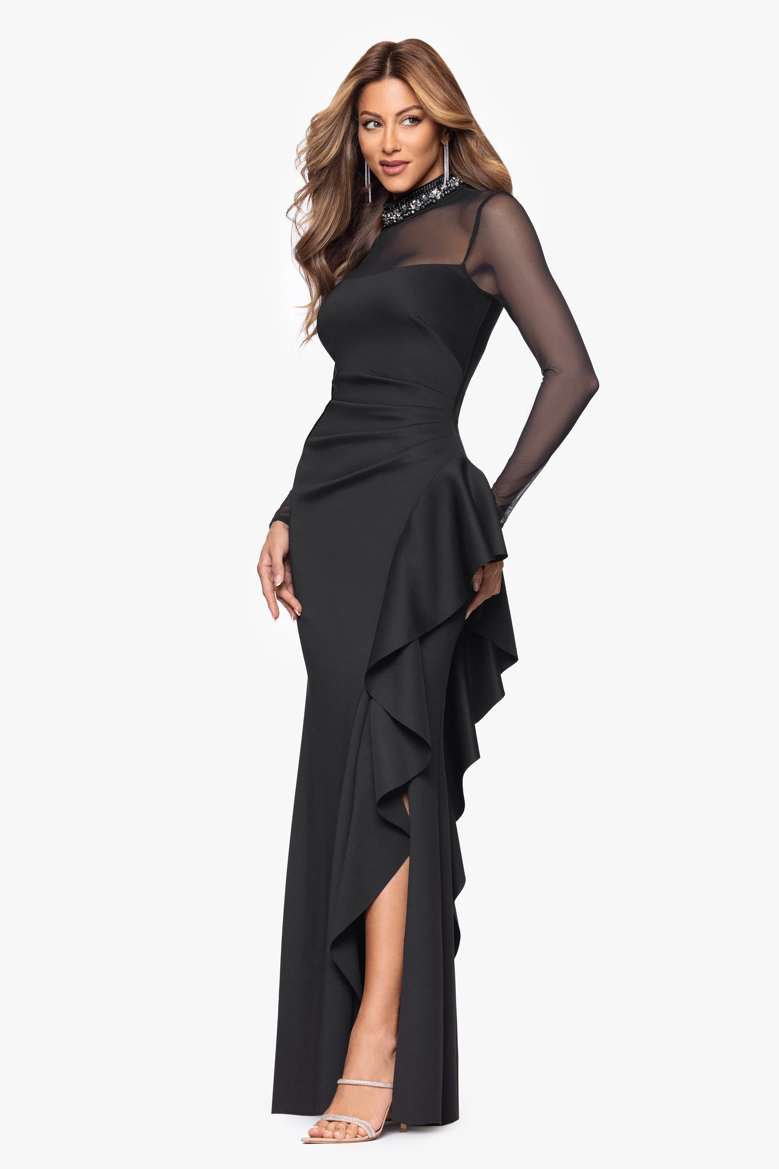 "Maxina" Techno Scuba Embellished Mock Neck and Mesh Long Sleeves Floor Length Dress sold by Xscape product image thumbnail 4