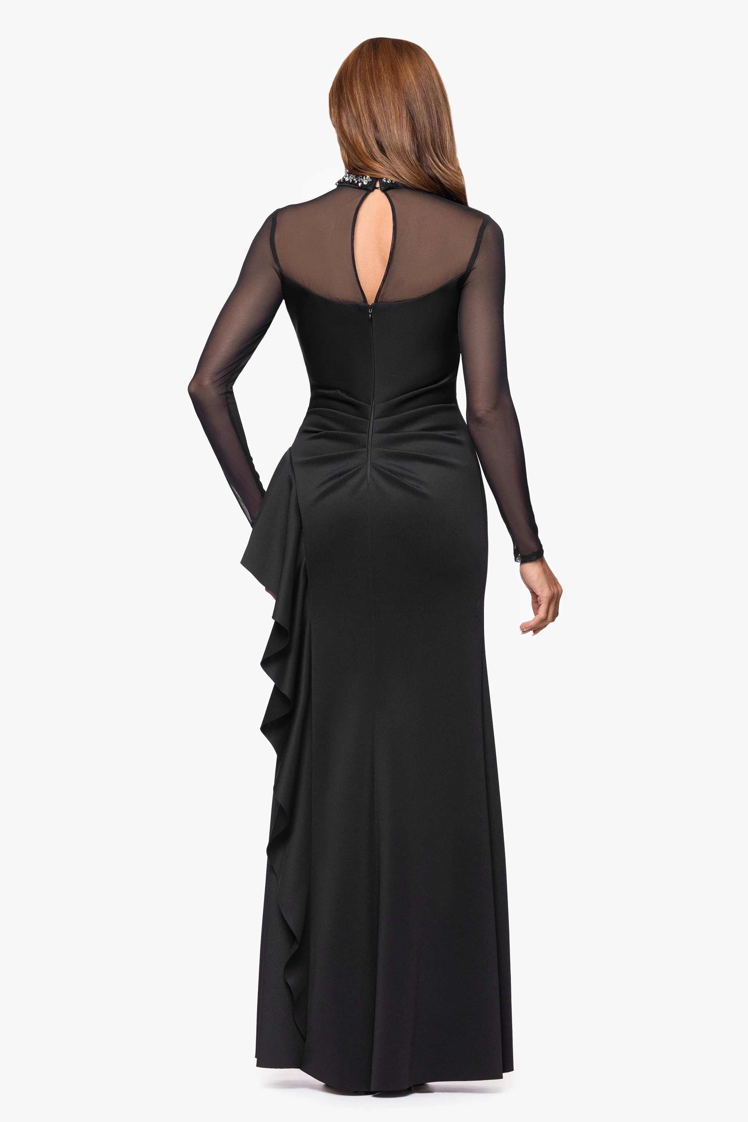 "Maxina" Techno Scuba Embellished Mock Neck and Mesh Long Sleeves Floor Length Dress sold by Xscape product image thumbnail 3