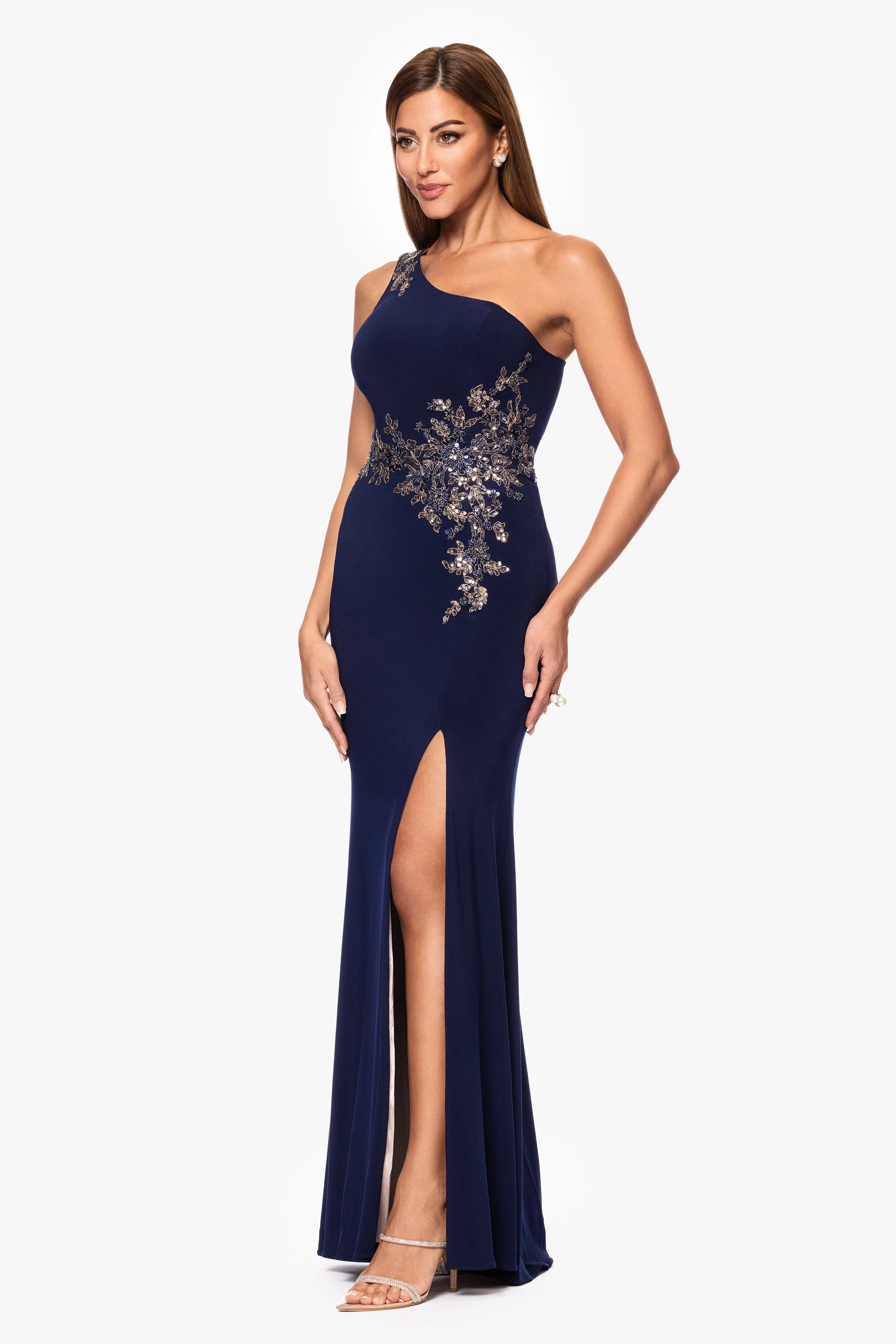 "Teresa" Jersey Knit One Shoulder Applique Floor Length Dress sold by Xscape product image thumbnail 4