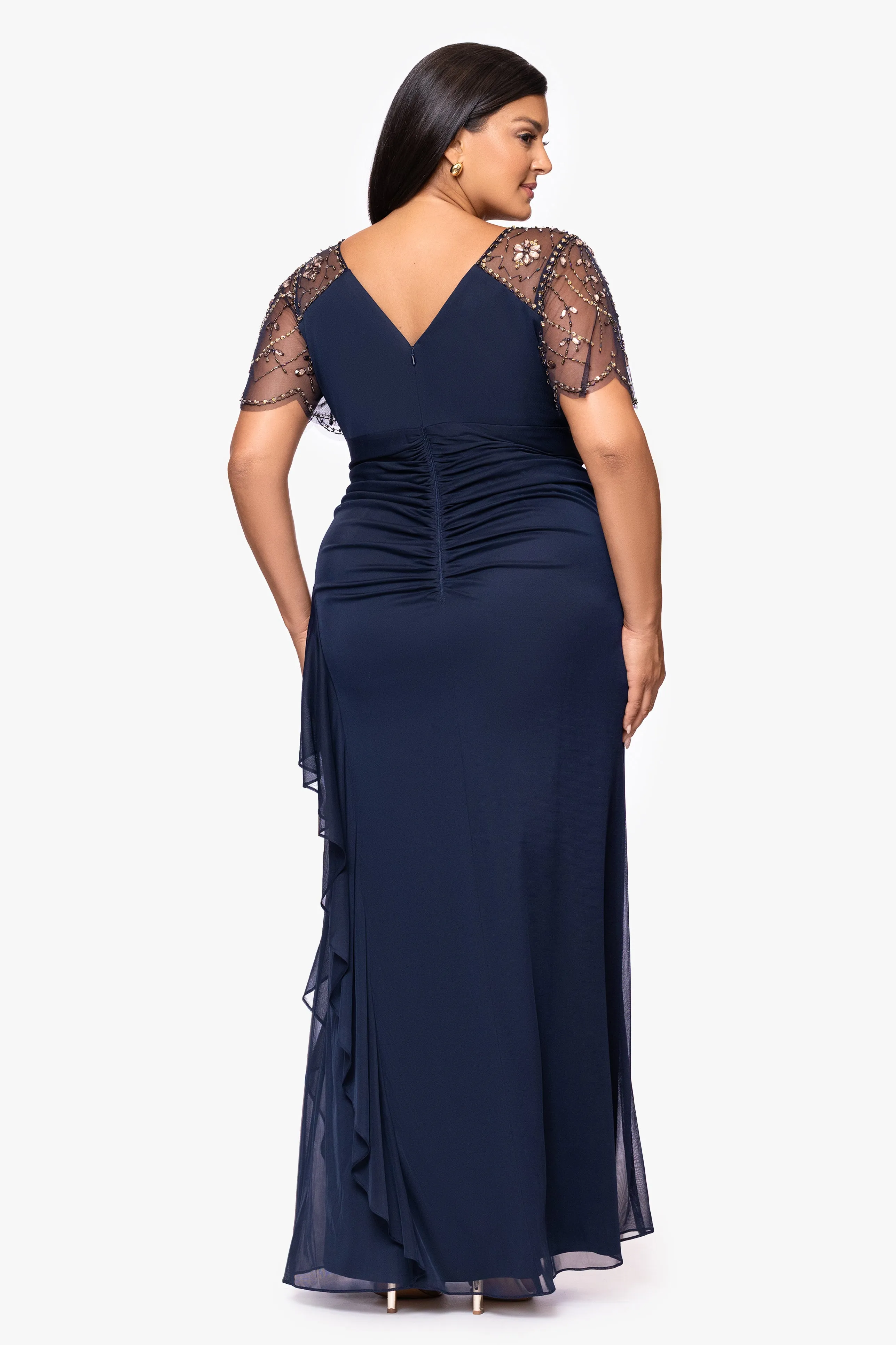 Plus "Arianna" Jersey Beaded Mesh Sleeves Floor Length Dress sold by Xscape product image thumbnail 3