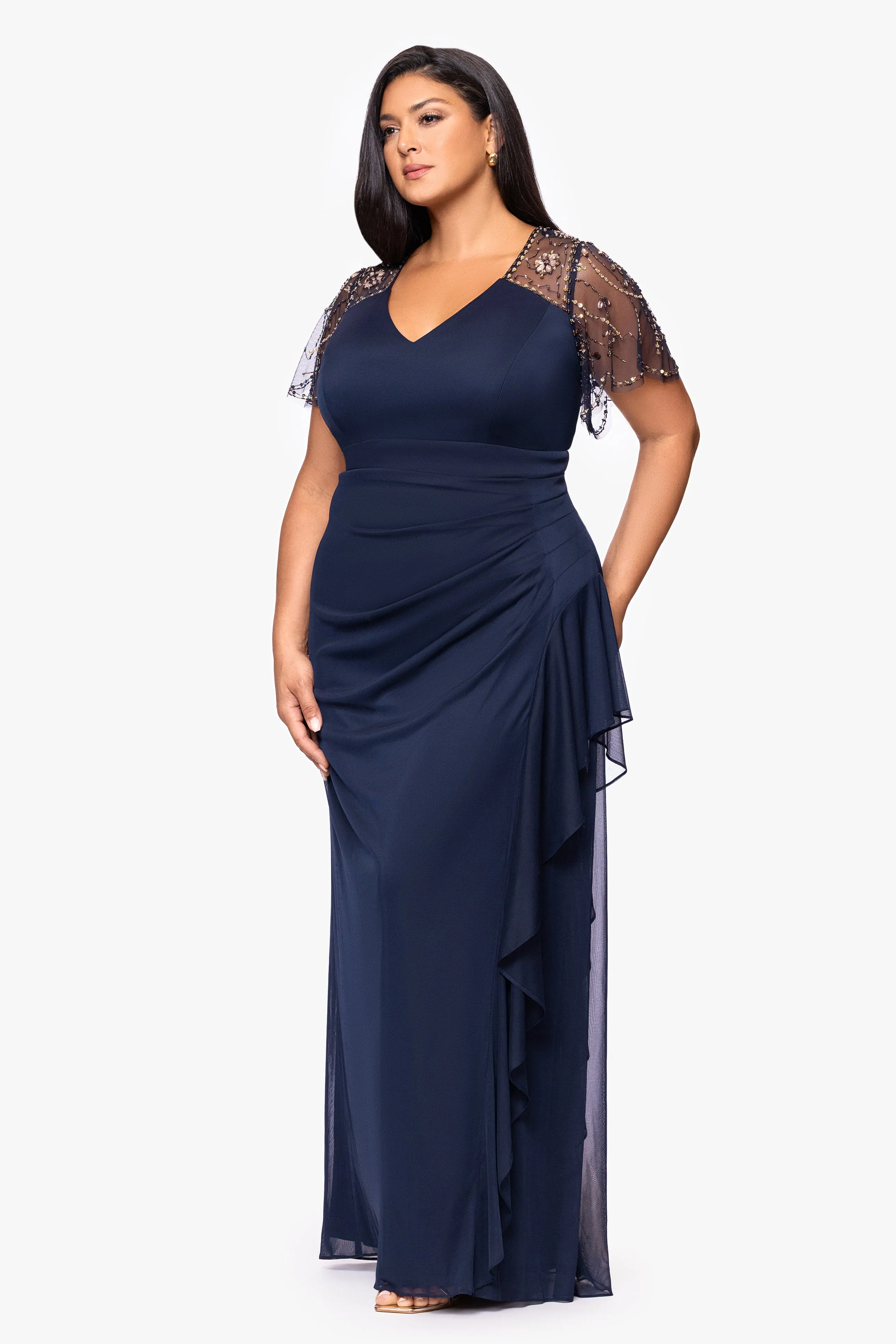 Plus "Arianna" Jersey Beaded Mesh Sleeves Floor Length Dress sold by Xscape product image thumbnail 4