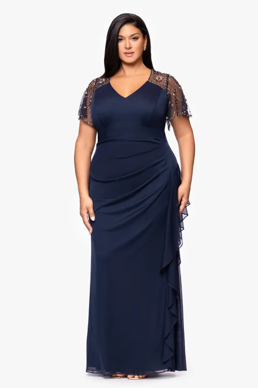 Plus "Arianna" Jersey Beaded Mesh Sleeves Floor Length Dress sold by Xscape