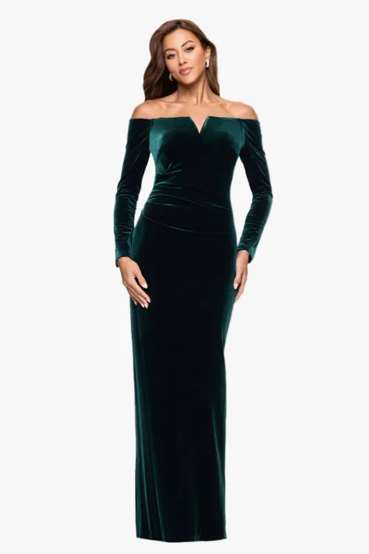 "Christy" Long Off the Shoulder Velvet Dress sold by Xscape