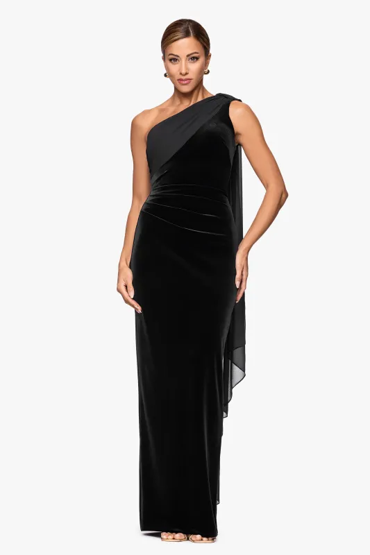 "Drita" Velvet and Chiffon Cascading One Shoulder Shash Floor Length Dress sold by Xscape