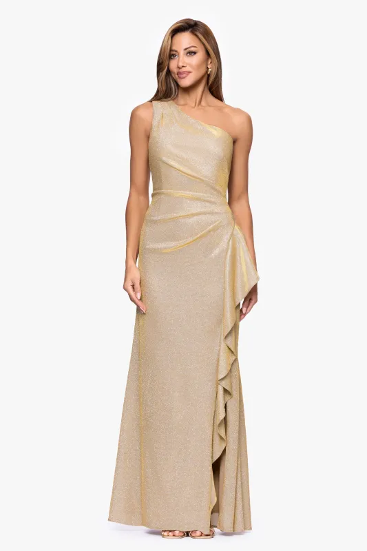 "Shannon" Galaxy Glitter One Shoulder Ruffle Floor Length Dress sold by Xscape