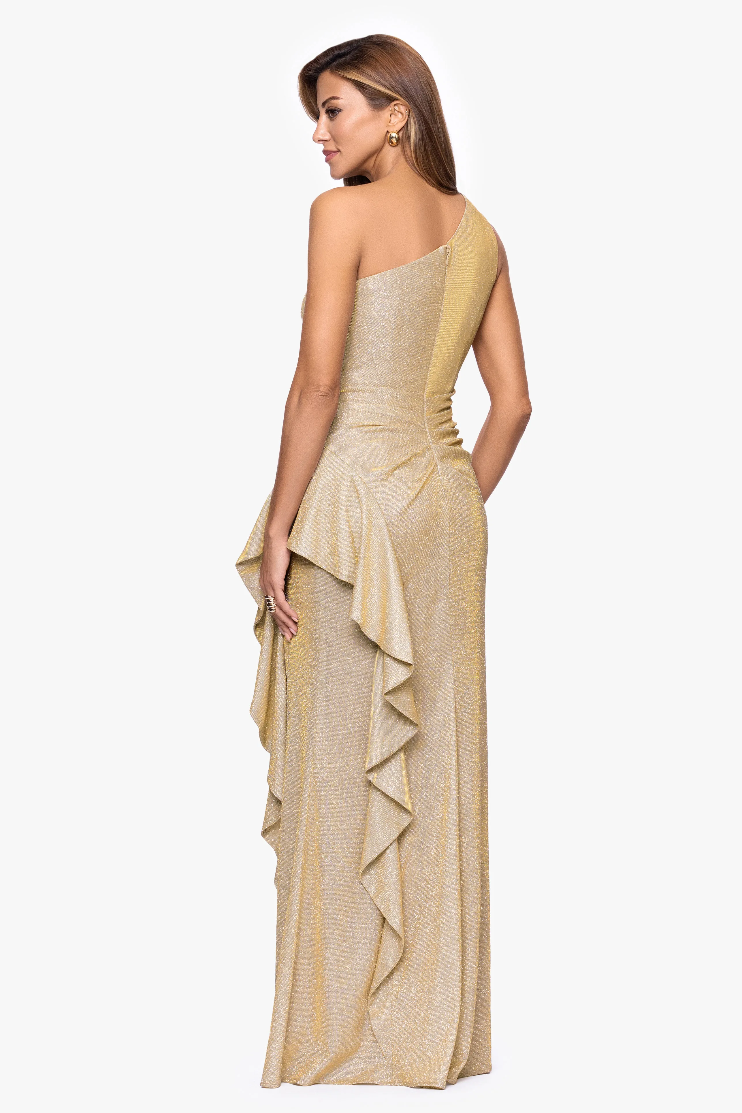 "Shannon" Galaxy Glitter One Shoulder Ruffle Floor Length Dress sold by Xscape product image thumbnail 3
