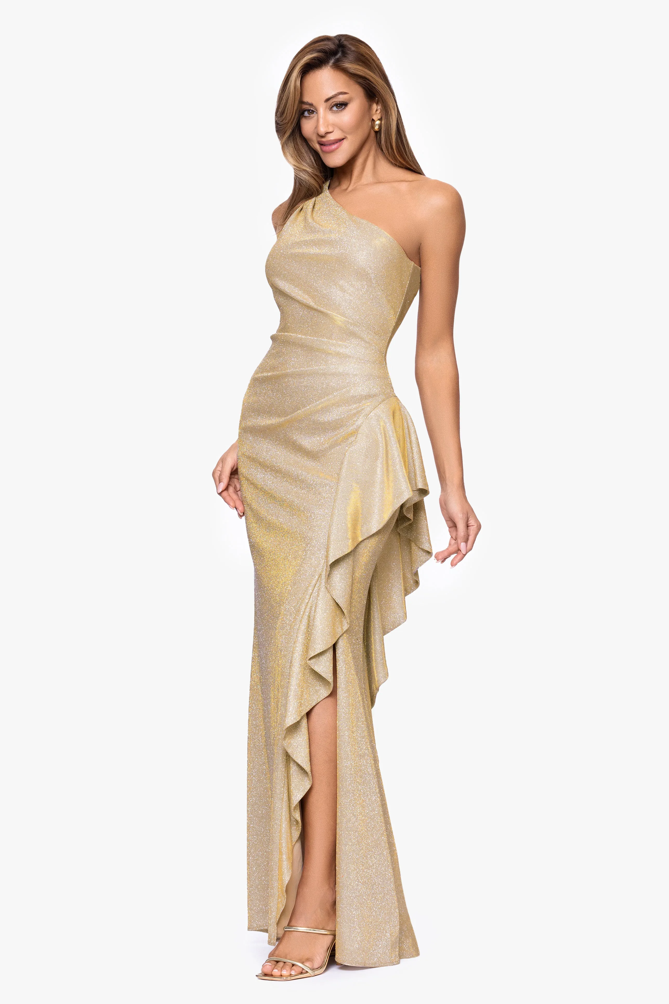 "Shannon" Galaxy Glitter One Shoulder Ruffle Floor Length Dress sold by Xscape product image thumbnail 4