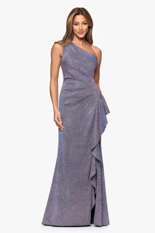 "Shannon" Galaxy Glitter One Shoulder Ruffle Floor Length Dress sold by Xscape