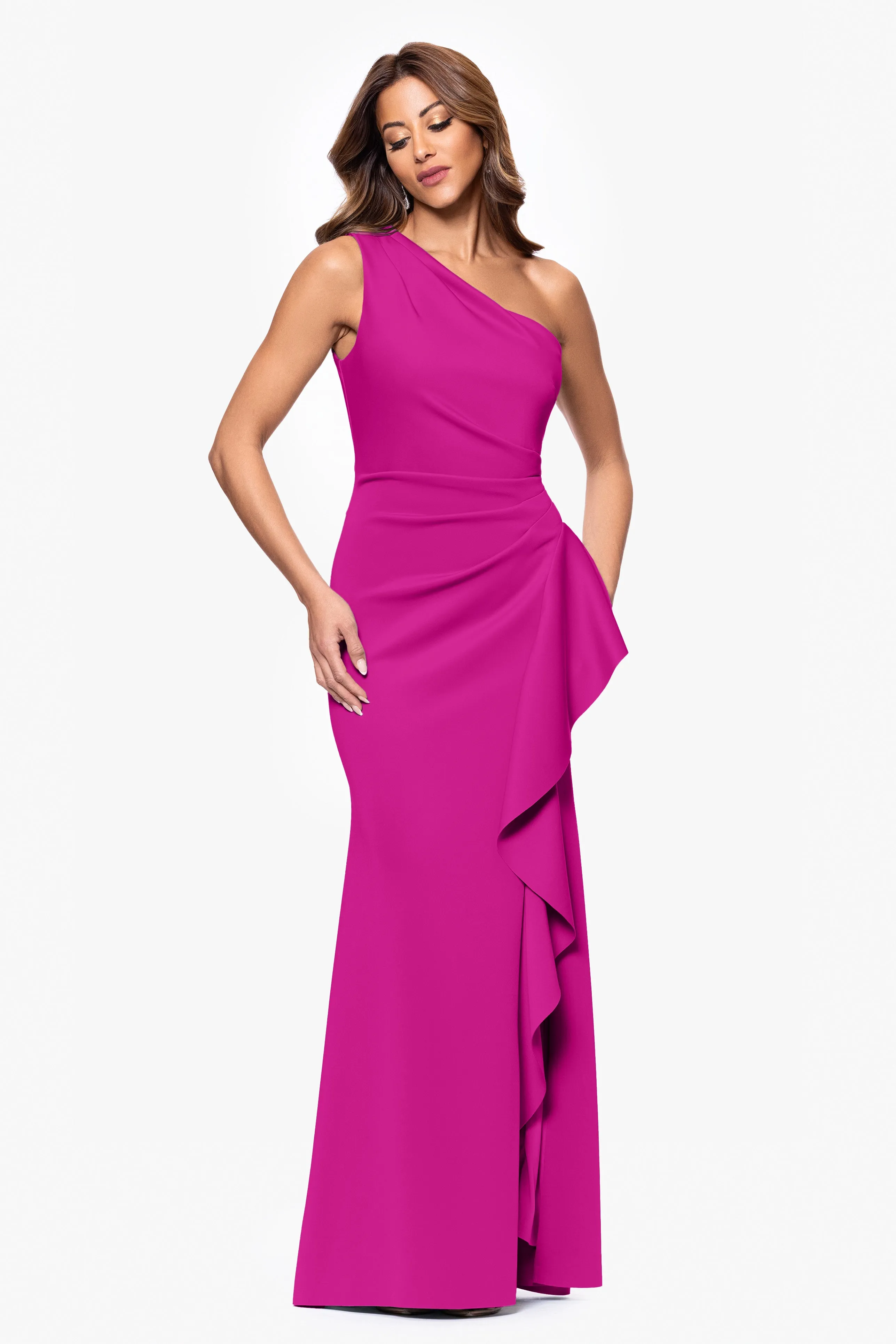 Petite "Flo" Long Techno Scuba One Shoulder Ruffle Dress sold by Xscape product image thumbnail 5